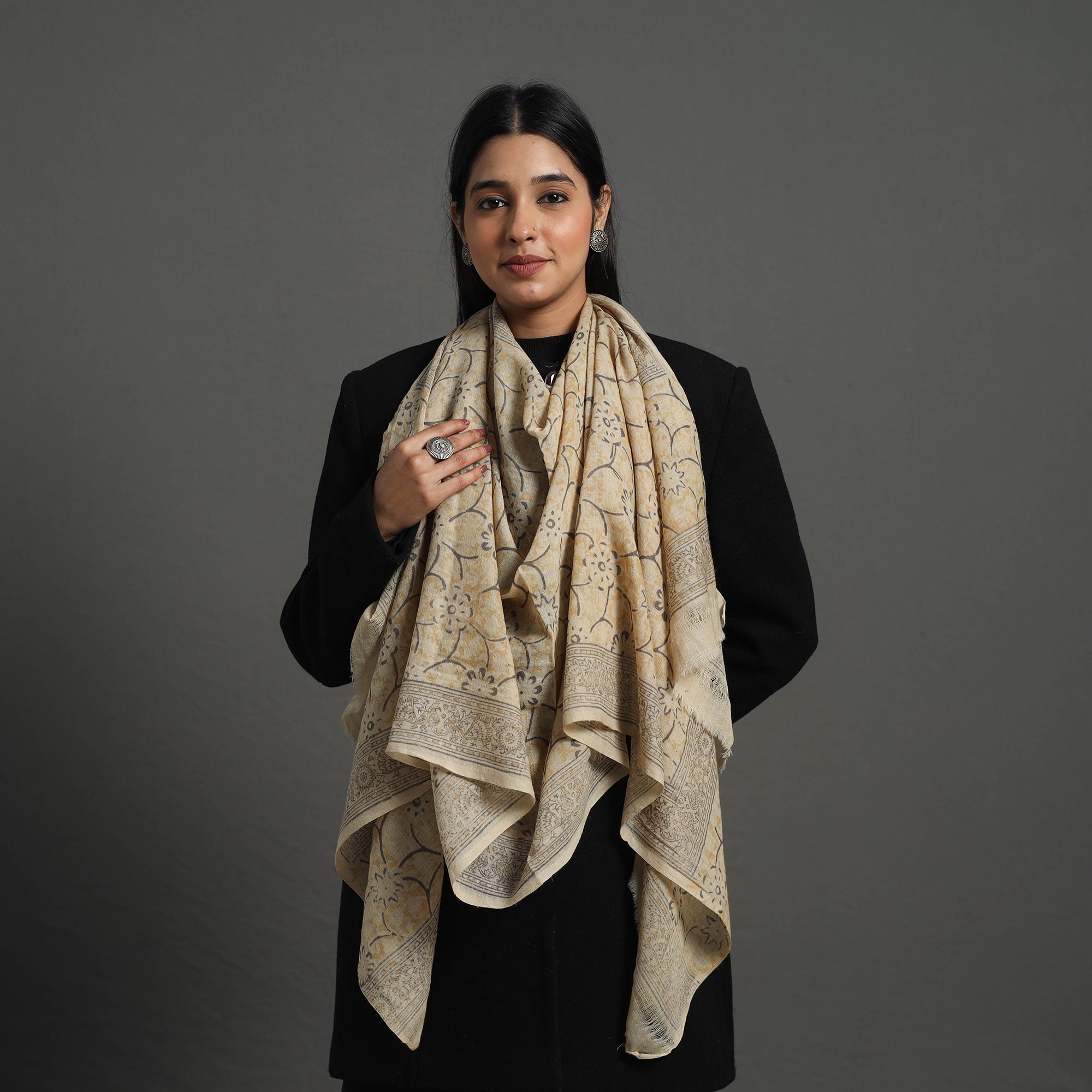 PITCHUKA SRINIVAS KALAMKARI PEDANA Beige - Block Print Pedana Kalamkari Wool Stole 41 - view 2