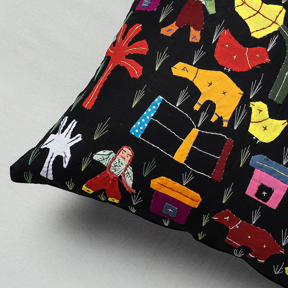 ASHOKA ASSEMBLE - CELEBRATING CRAFTS OF ODISHA Black - Pipli Applique Work Cotton Cushion Cover (16 x 16 in) - view 2