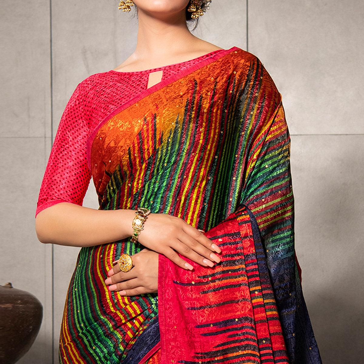 Peachmode Gleaming Multi Colored Partywear Printed Silk Crape Saree - view 2