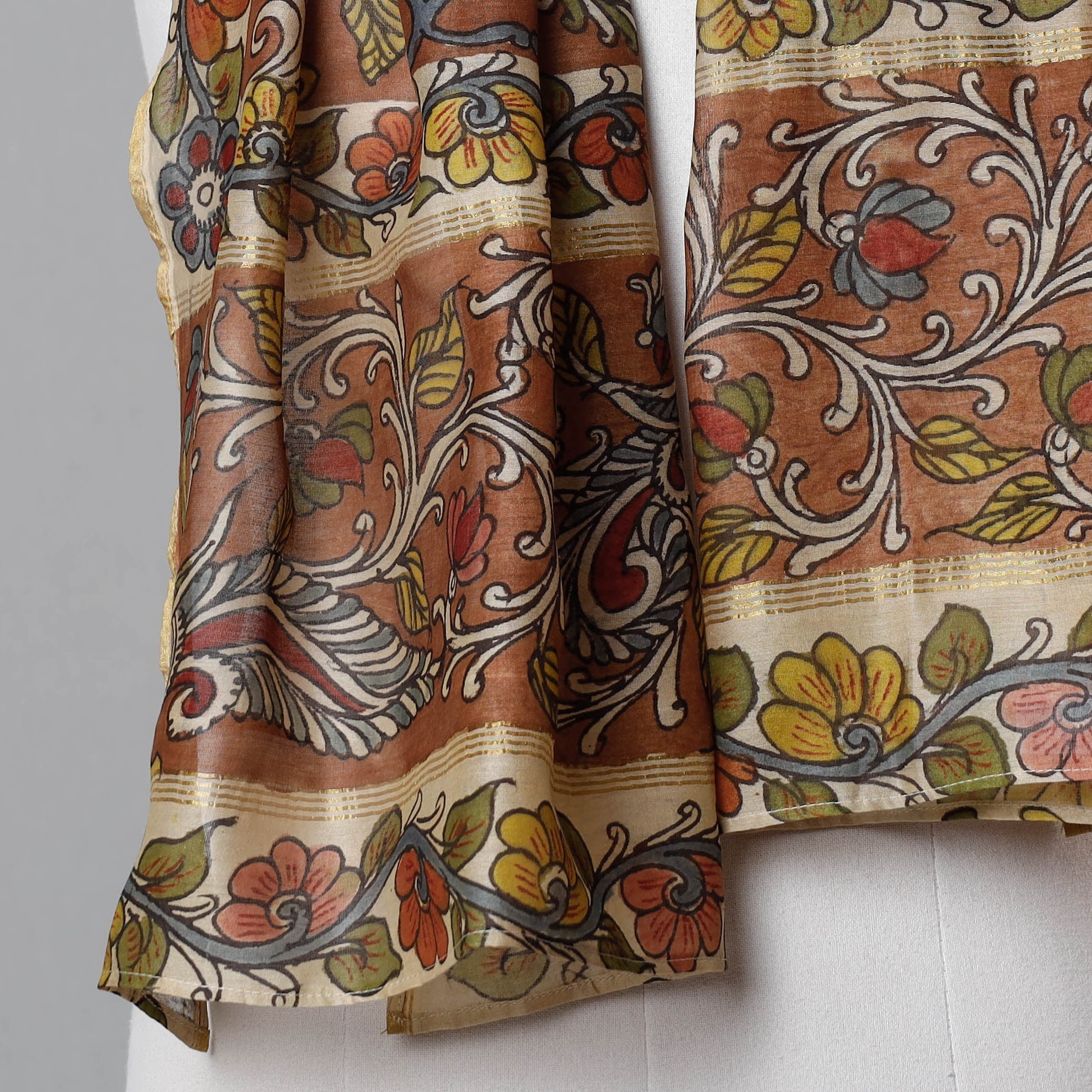 DWARAKA PLUS Brown - Kalamkari Handpainted Pure Handloom Chanderi Silk Stole - view 3