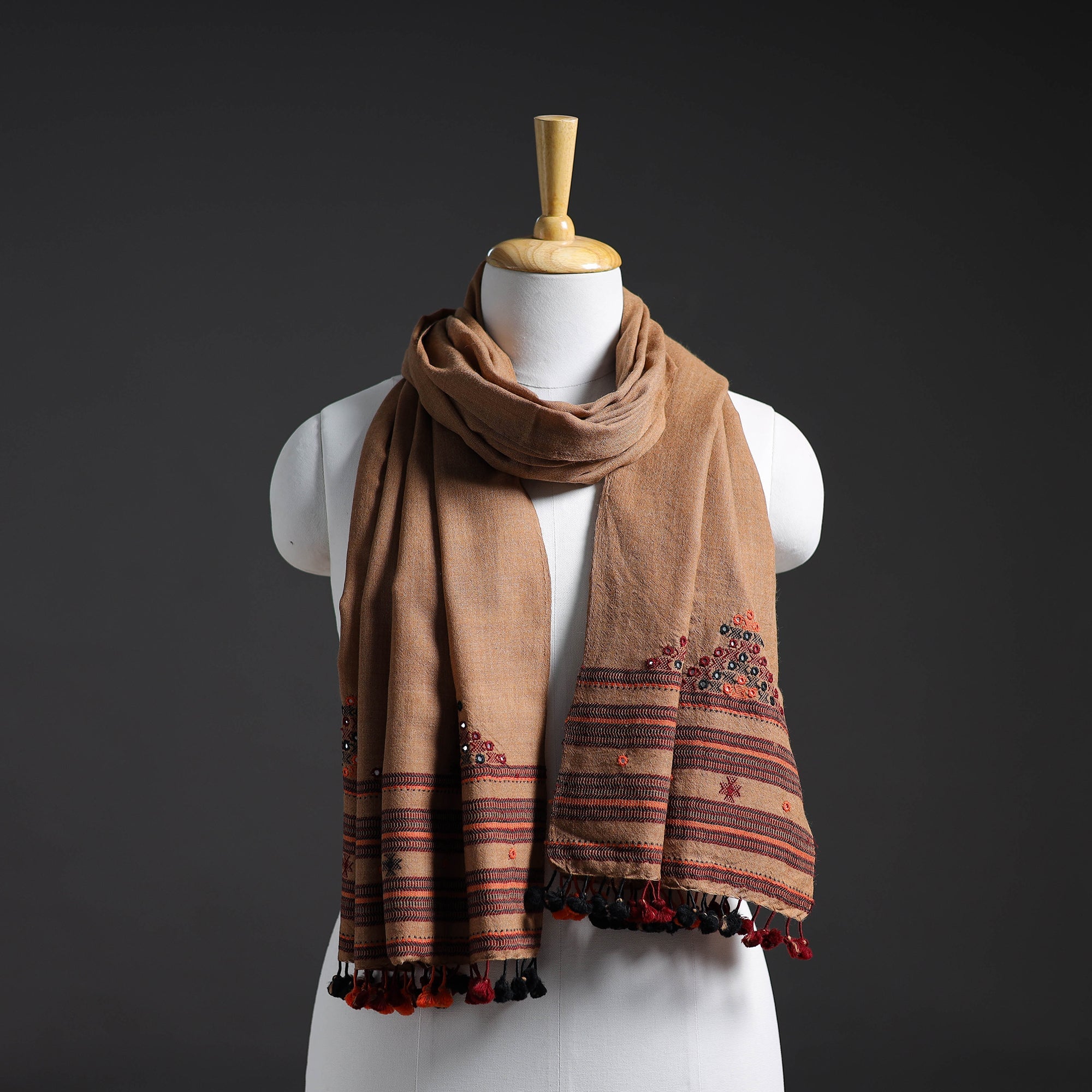 VANKAR BHIMJI KANJI Brown - Kutch Embroidery Handwoven Mirror Work Merino Woolen Stole 06