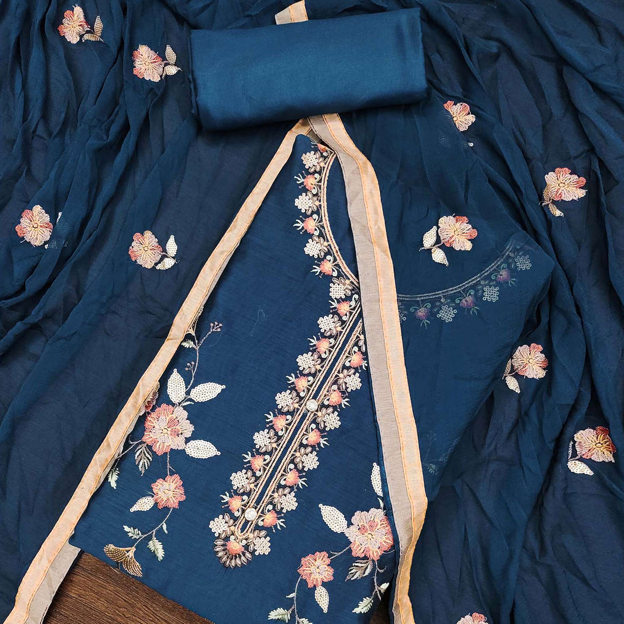Peachmode Morpich Blue Floral Embroidered Chanderi Dress Material