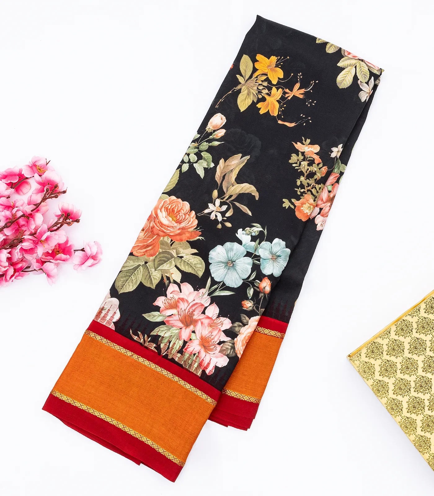 RmKV Black Handloom Kanchipuram Korvai Silk Saree Printed With Floral Motifs