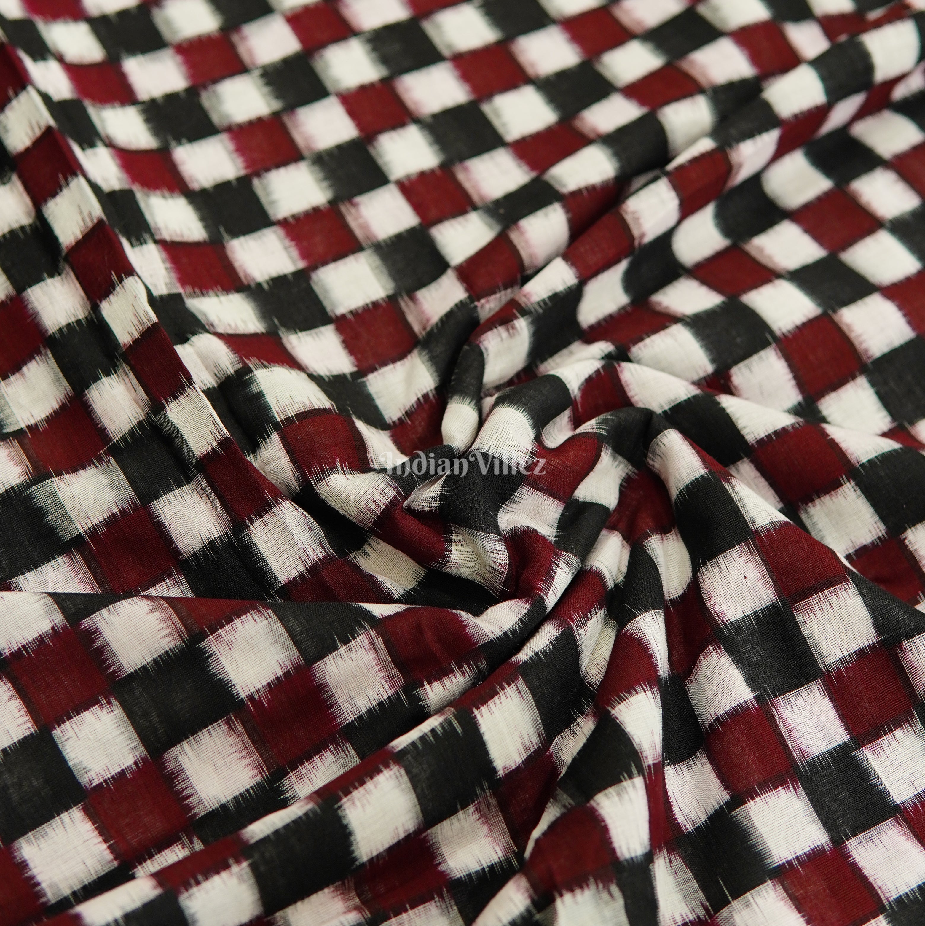 IndianVillèz Black With Maroon & White Pasapalli Sambalpuri Ikat Cotton Fabric