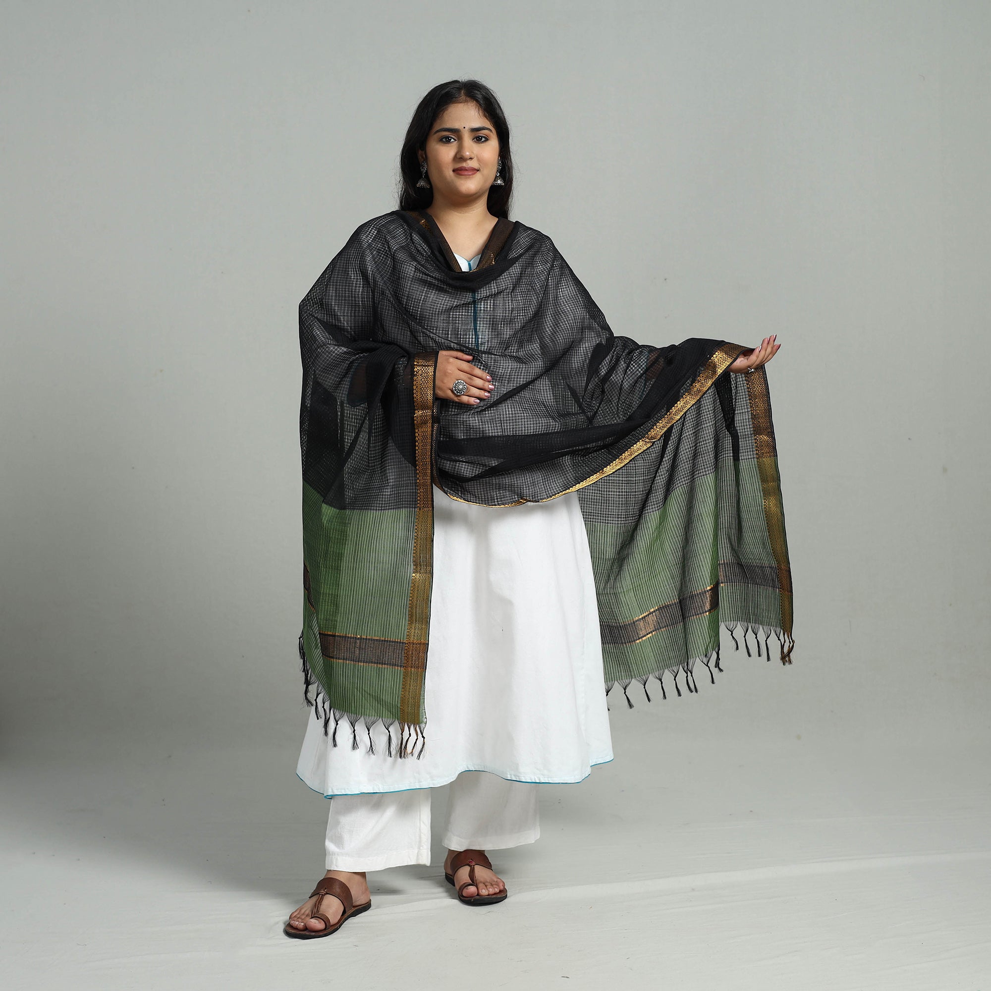 SOUTH KARGHA Black - Handloom Cotton Nizam Zari Border Mangalagiri Dupatta 01 - view 2