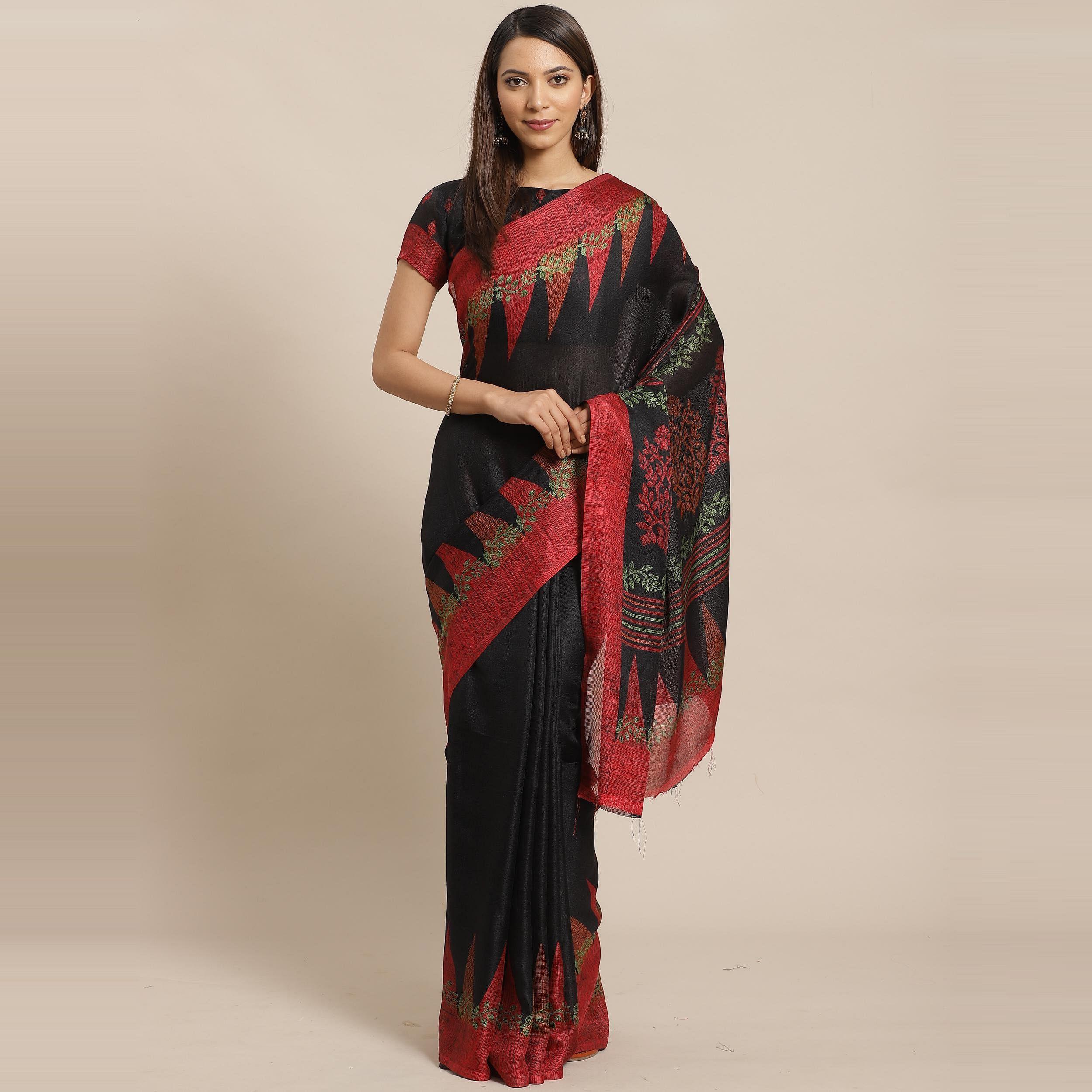 Peachmode Magnetic Black Colored Casual Wear Printed Silk Blend Saree