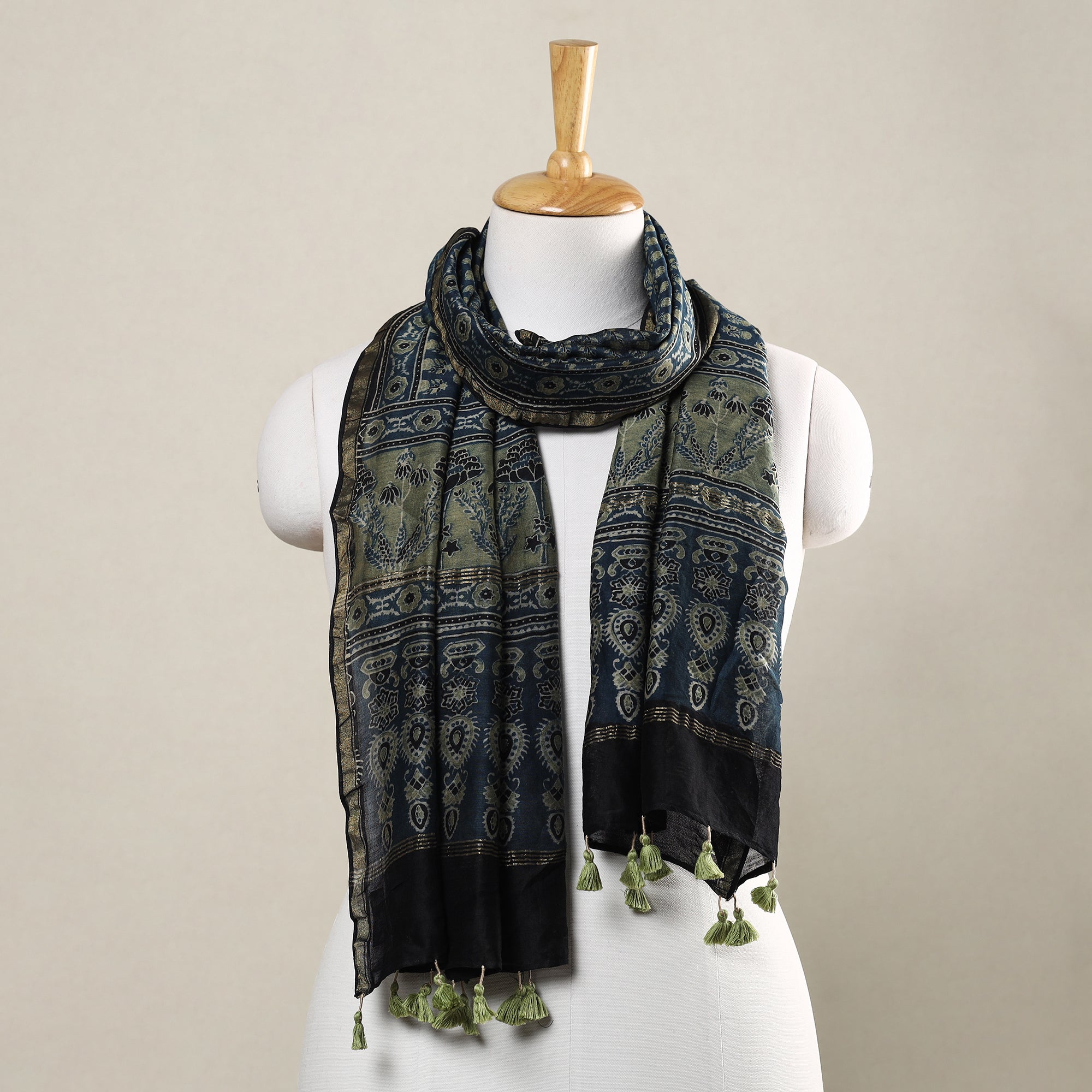 AJRAKH BY SUFIYAN ISMAIL KHATRI Blue - Ajrakh Hand Block Printed Chanderi Silk Handloom Stole with Tassels