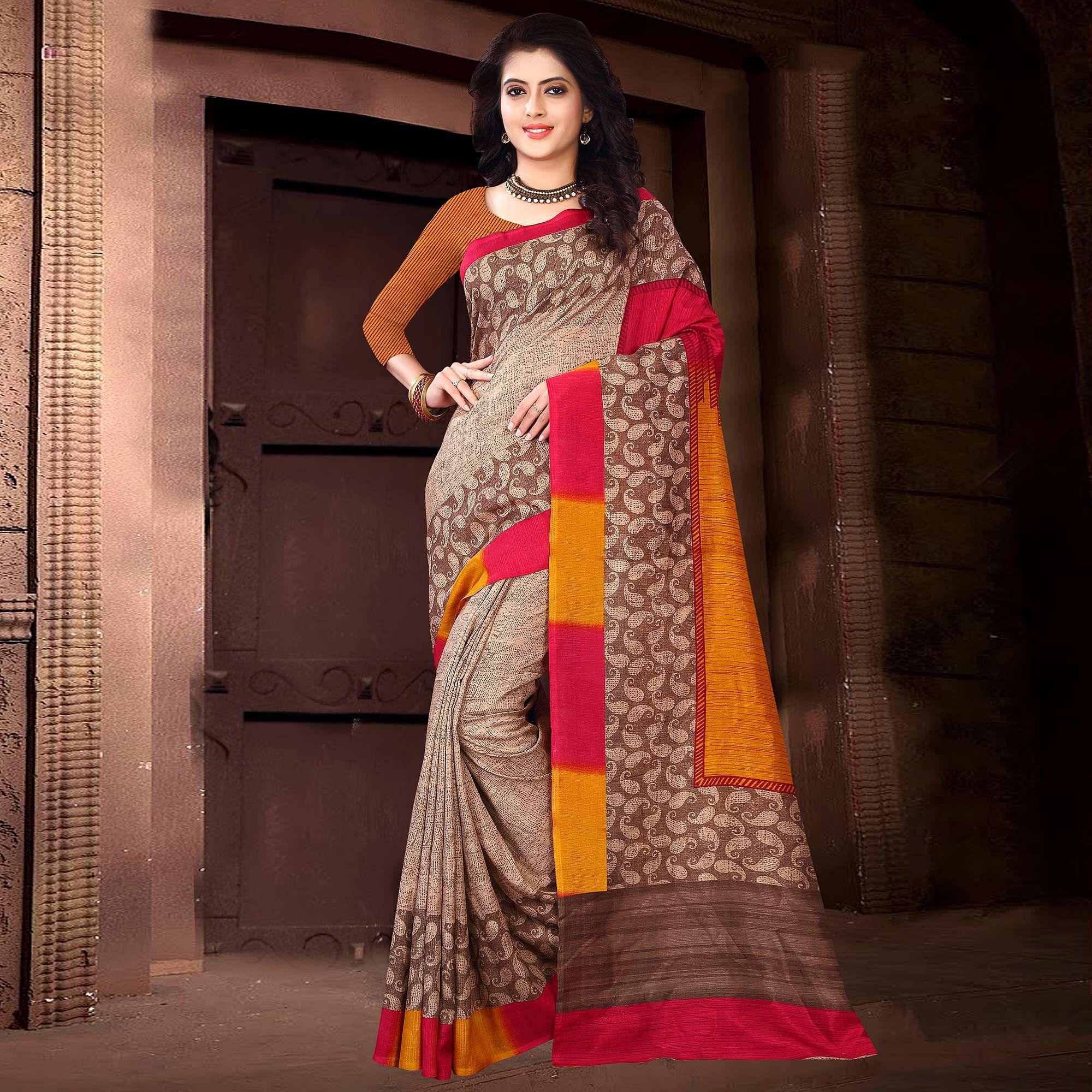 Peachmode Imposing Light Brown Colored Casual Wear Printed Silk Saree