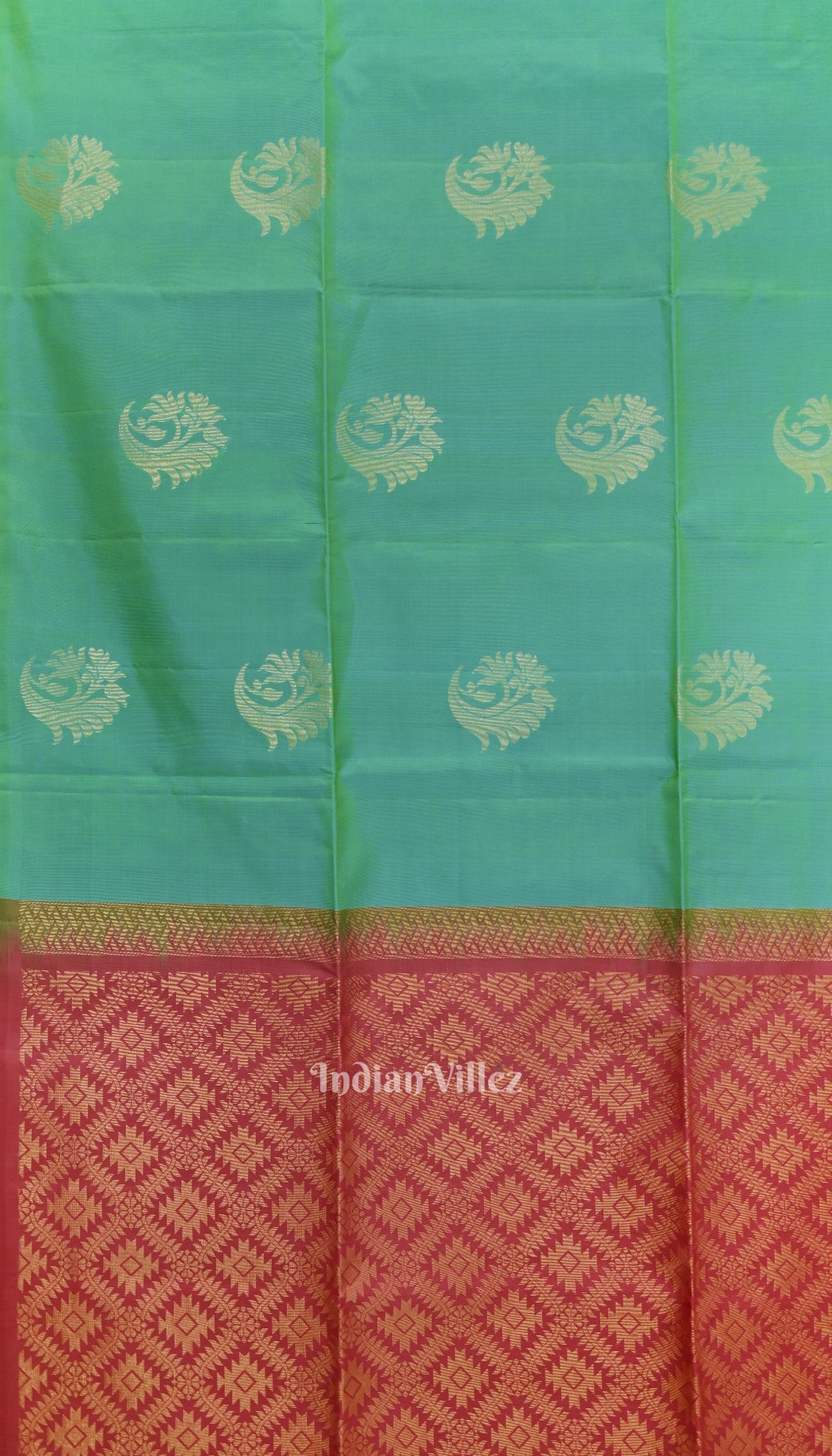 IndianVillèz Sky Green With Pinkish Red Pure Kanjivaram Soft Silk Saree - view 2