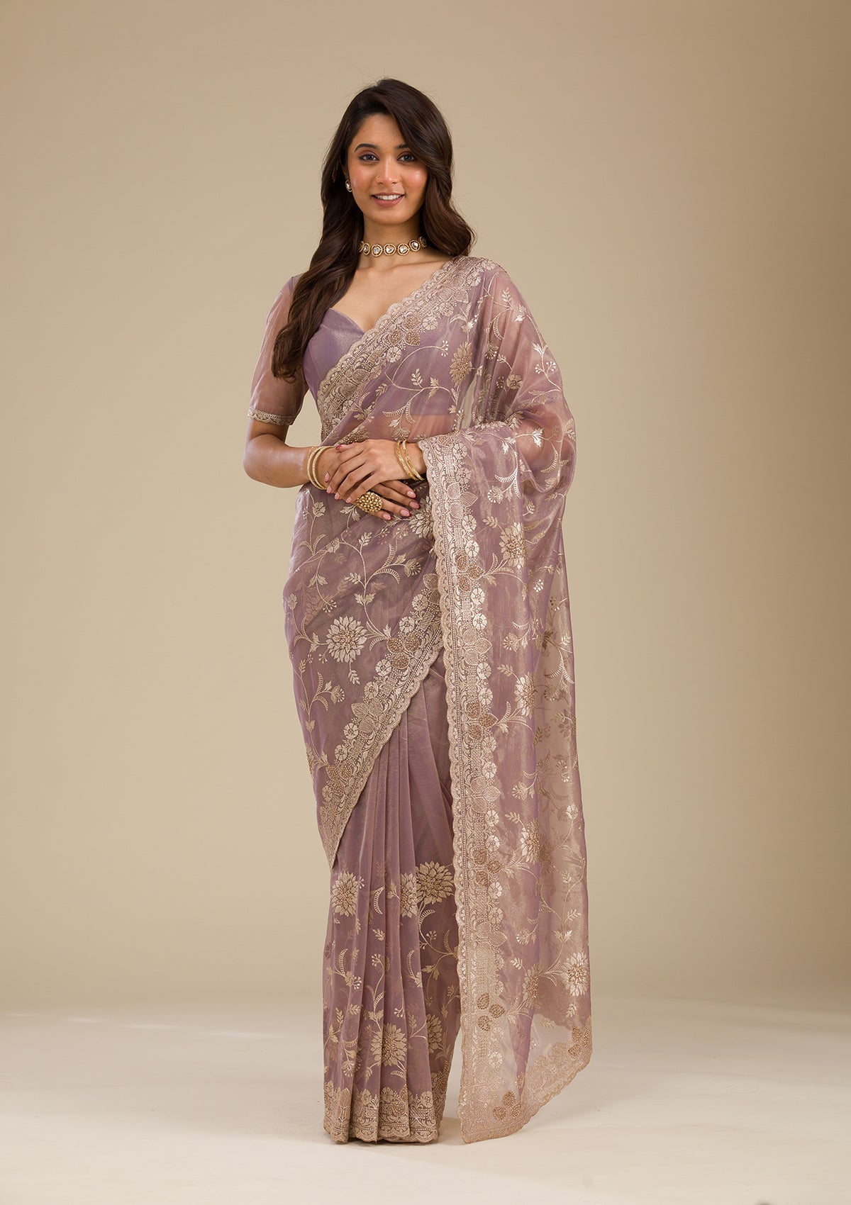 Koskii Light Brown Zariwork Tissue Saree – Women's