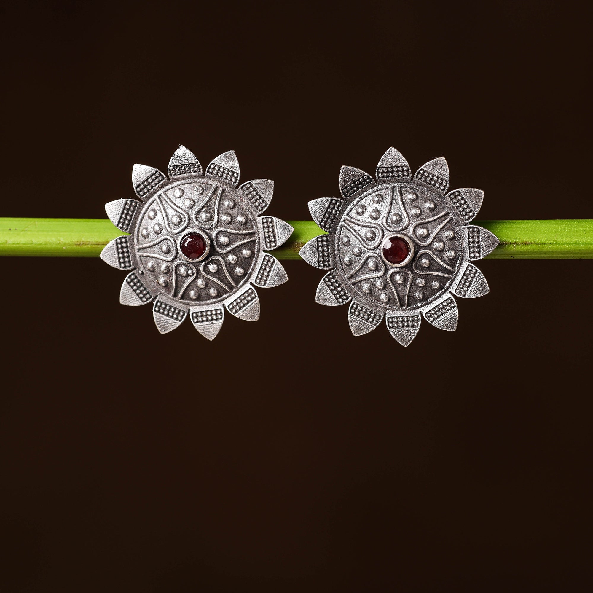 WHITE RIVER STORIES Antique Silver Finish Oxidised Brass Base Stone Work Stud Earrings
