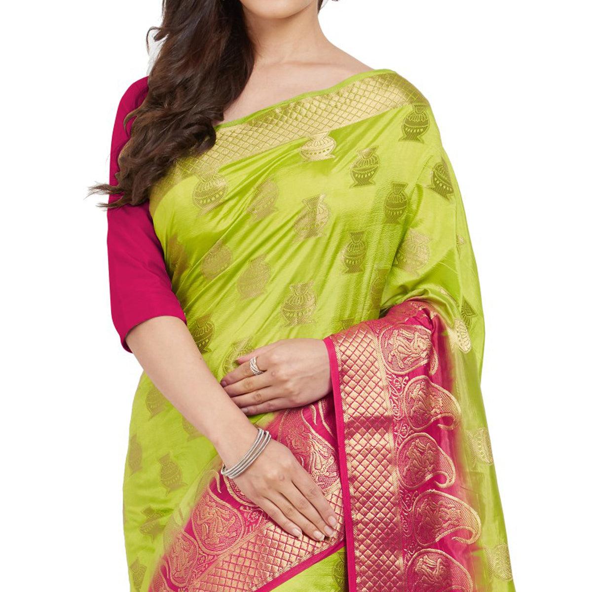 Peachmode Exceptional Green Colored Festive Wear Woven Cotton Silk Saree - view 2