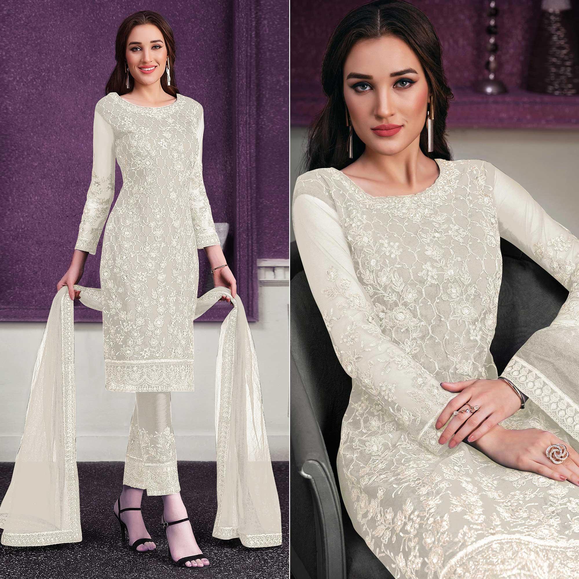Peachmode Cream Embroidered Netted Suit