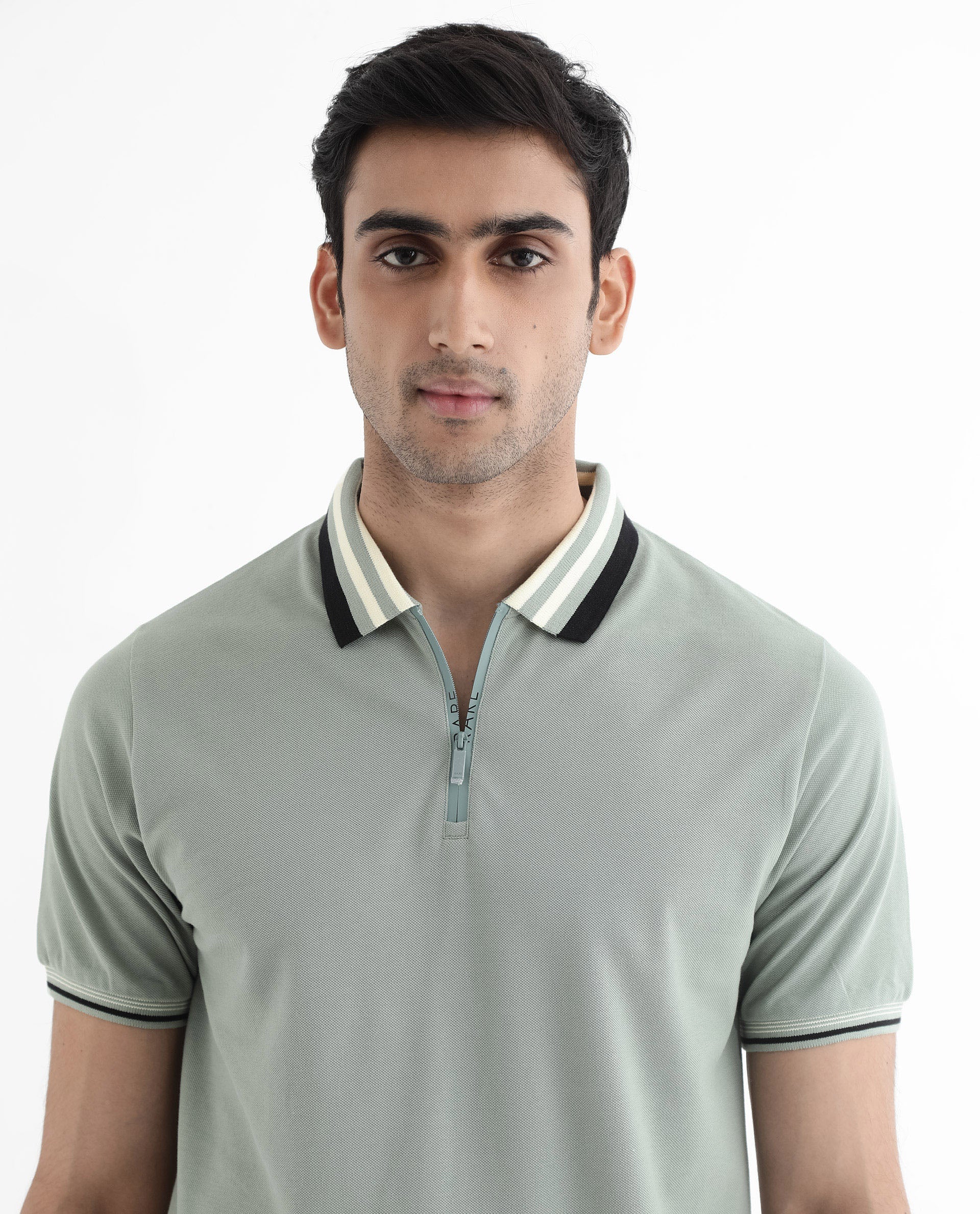 Rare Rabbit Men's Zyte Dusky Green Cotton Fabric Short Sleeves Regular Collar Zipper Closure Plain Knit Polo T-Shirt - view 4