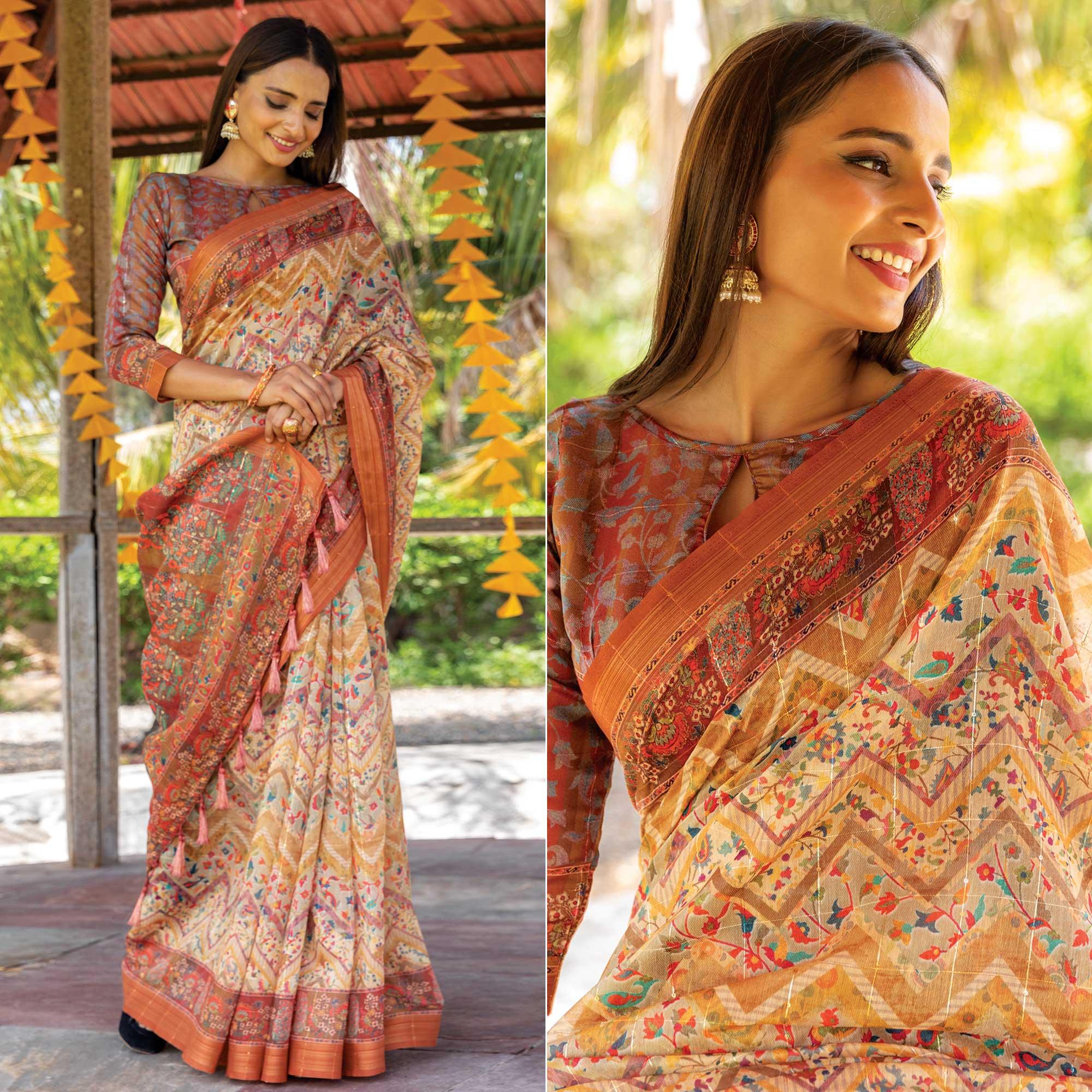 Peachmode Cream Digital Printed Linen Saree With Tassels