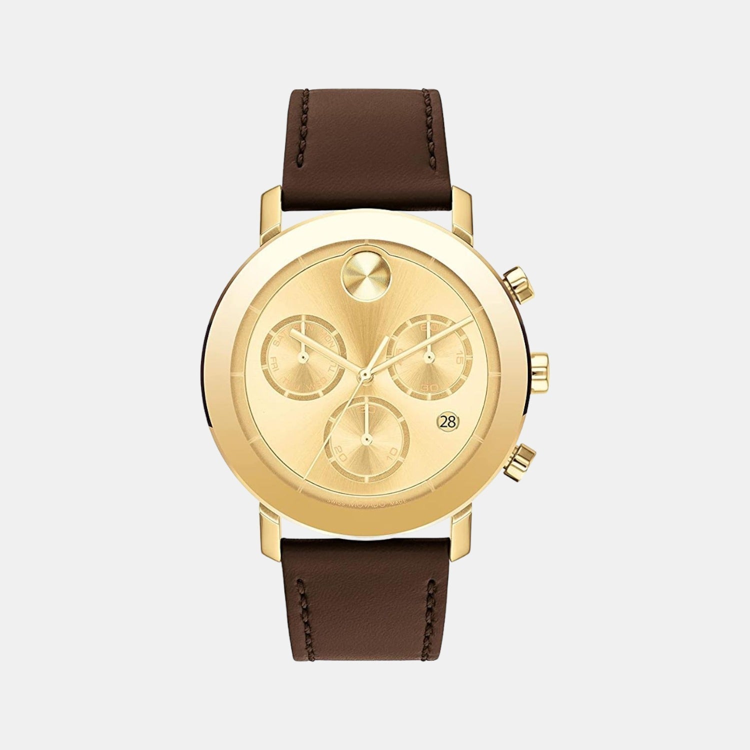 Movado Bold Evolution Men Quartz Gold Dial Chronograph Leather Watch 3600883