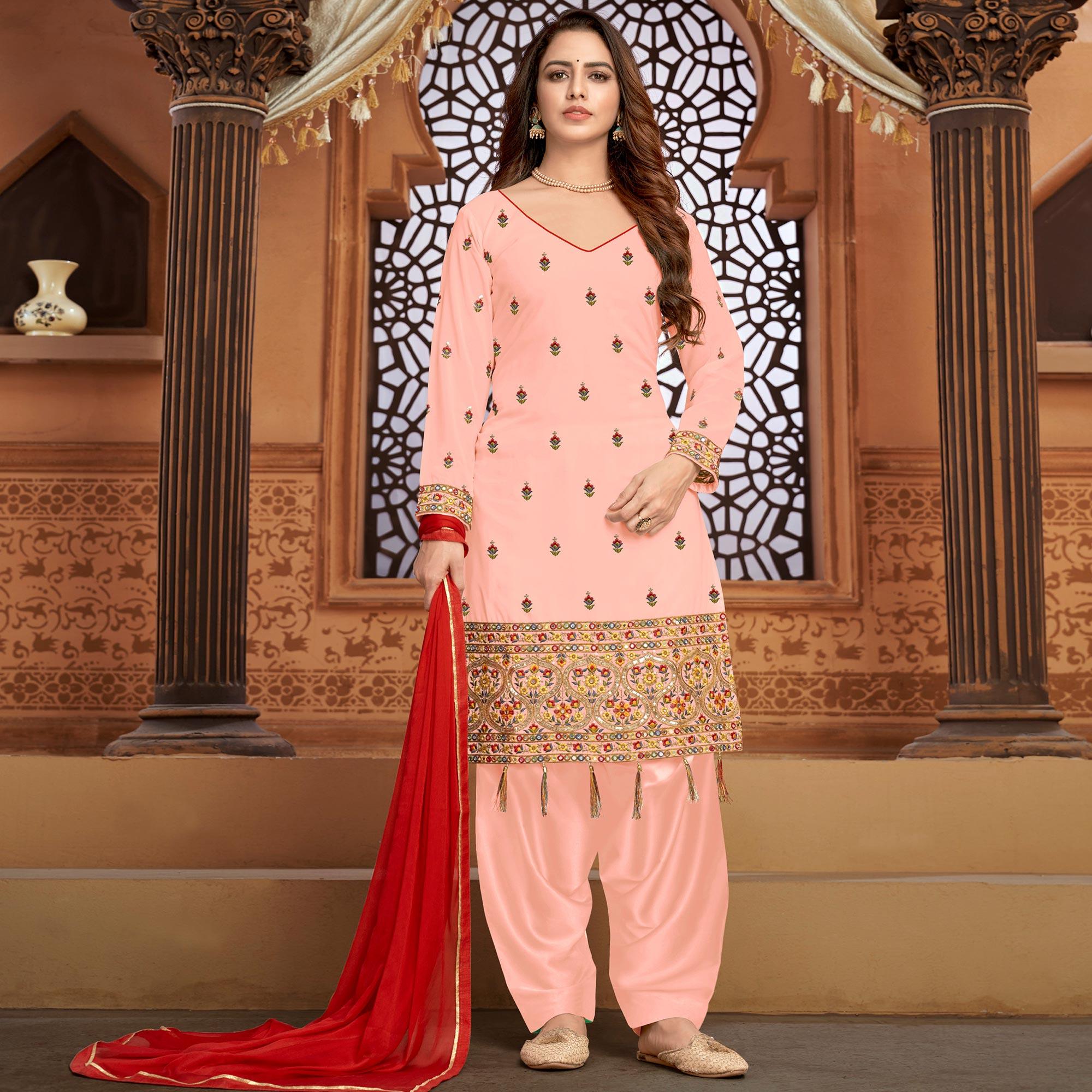 Peachmode Blush Pink Partywear Designer Floral Embroidered Faux Georgette Patiyala Suit