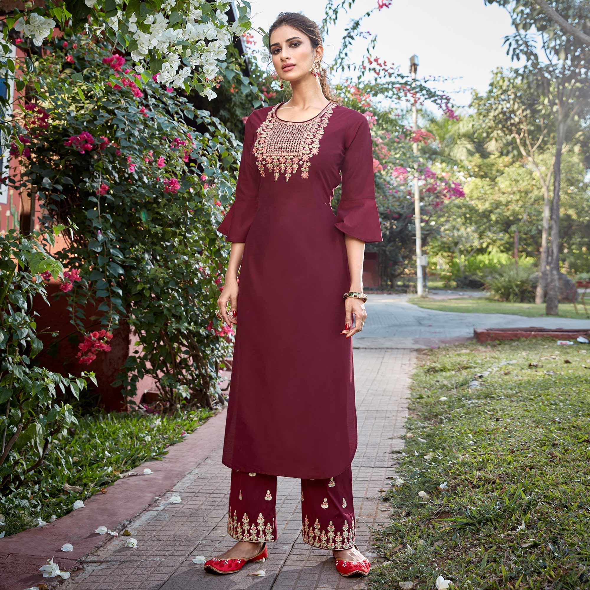 Peachmode Seller Glorious Maroon Colored Partywear Embroidered Cotton Silk Kurti-Palazzo Set