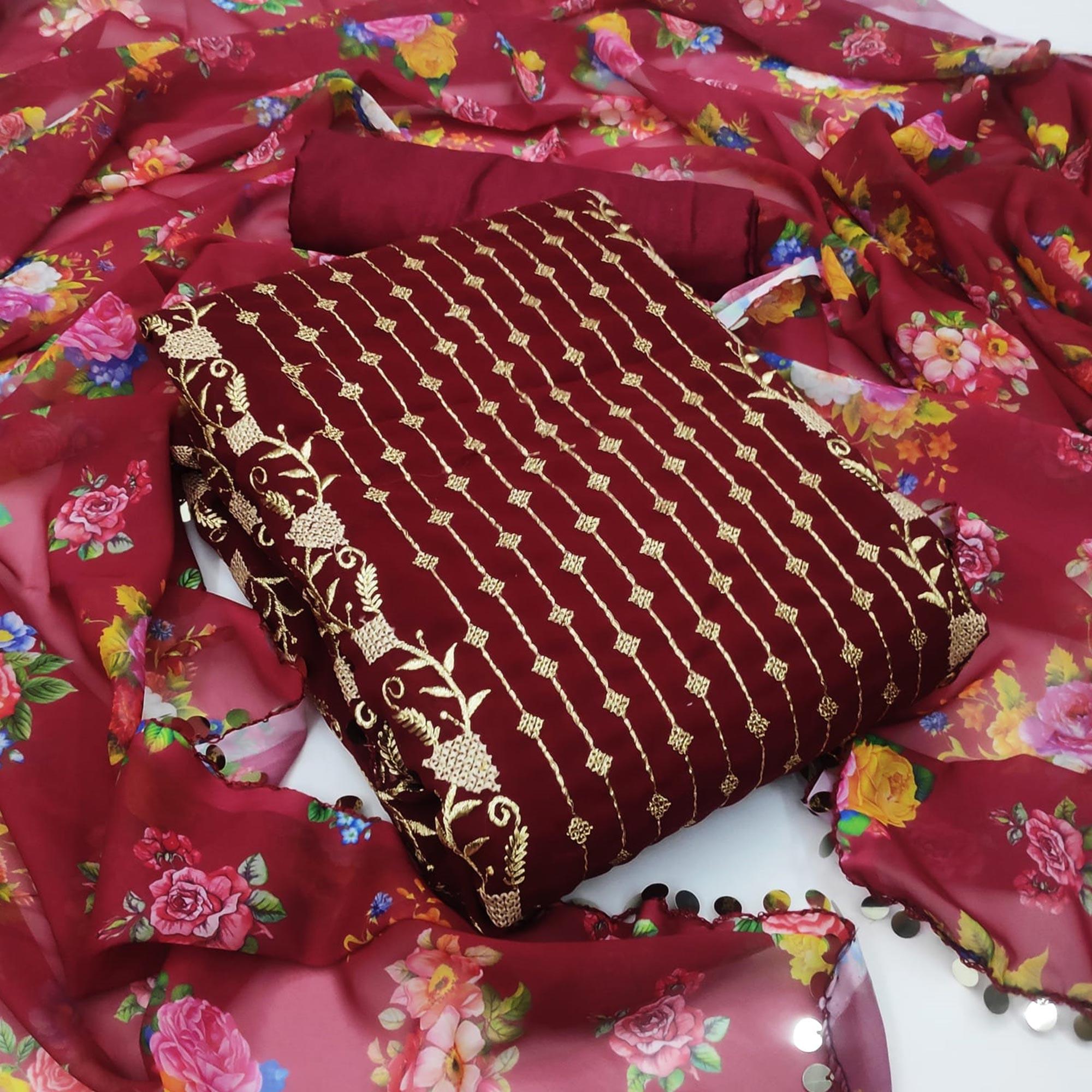 Peachmode Maroon Casual Wear Embroidered Georgette Dress Material