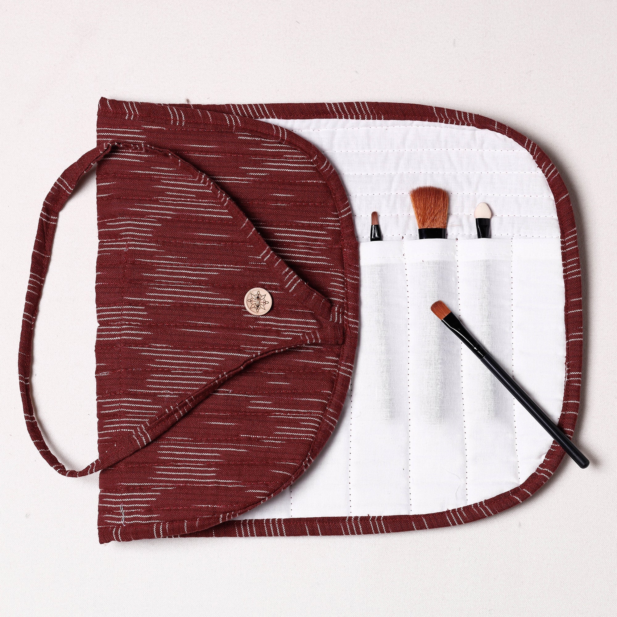 NOORI BAZAR Brown - Ikat Fabric Multipurpose Segmented Make-up Brush Wrap Pouch/Case