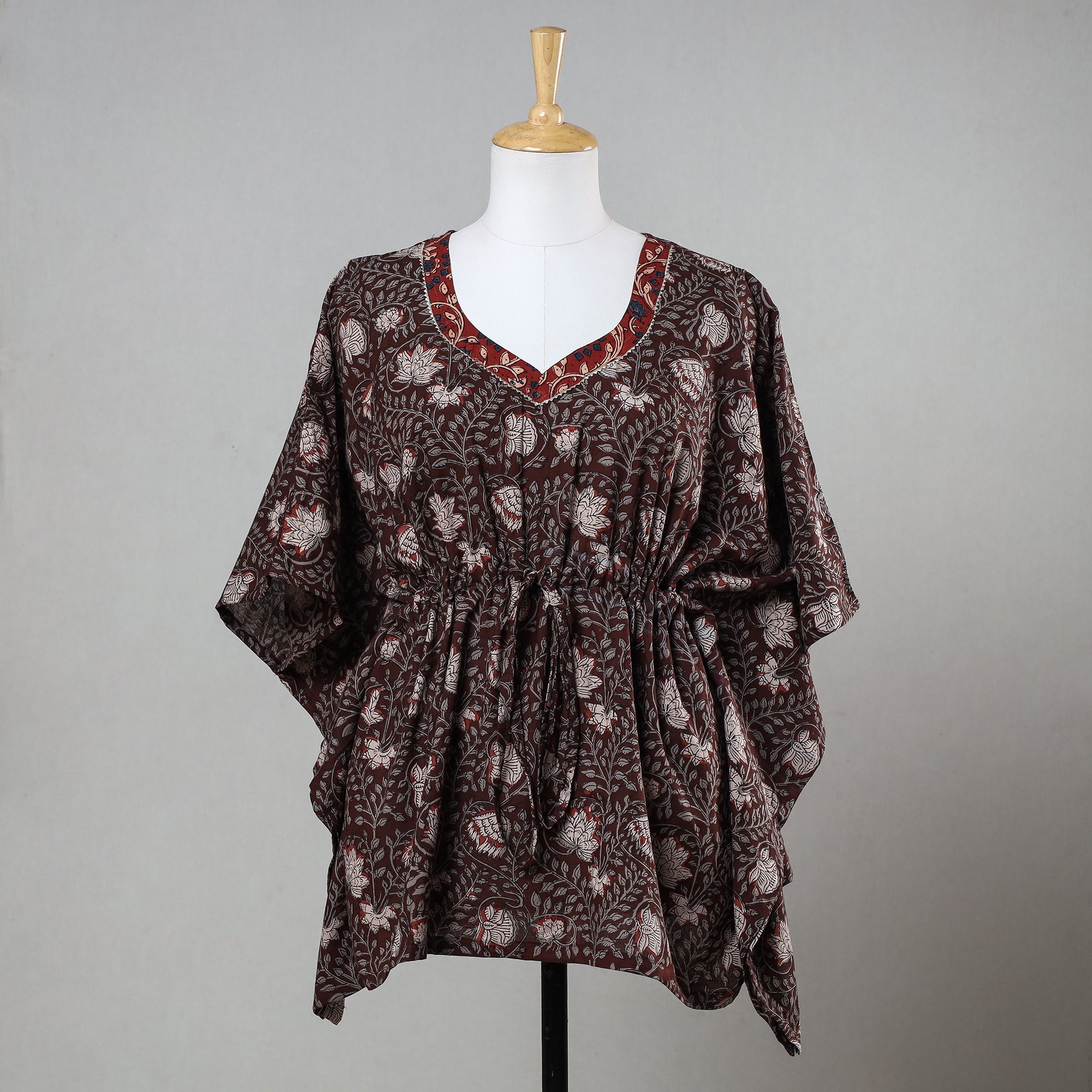 ITOKRI CASUALS Brown - Bagru Block Printed Cotton Kaftan with Tie-Up Waist (Short)