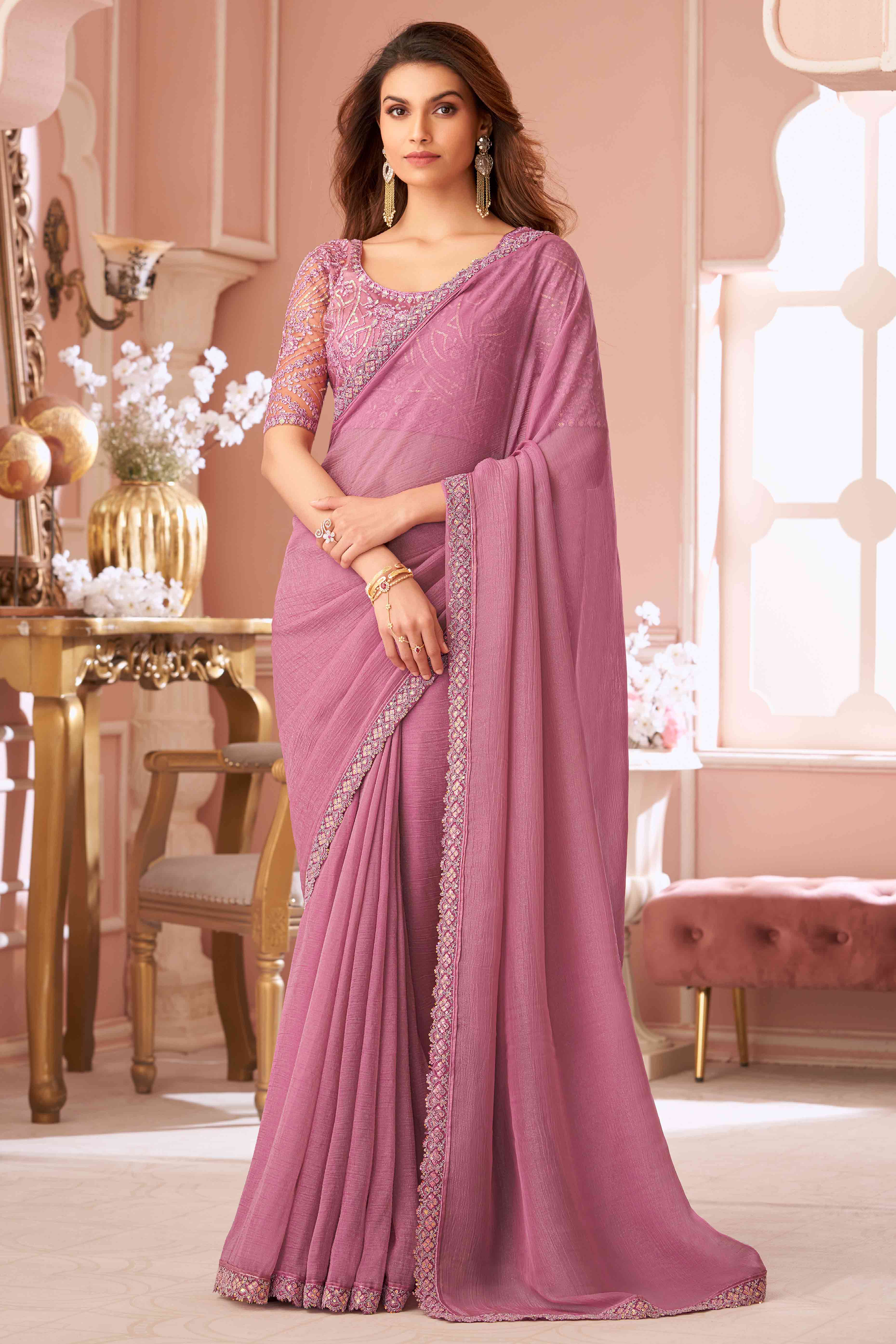 Peachmode Dusty Pink Sequins Embroidered Georgette Saree
