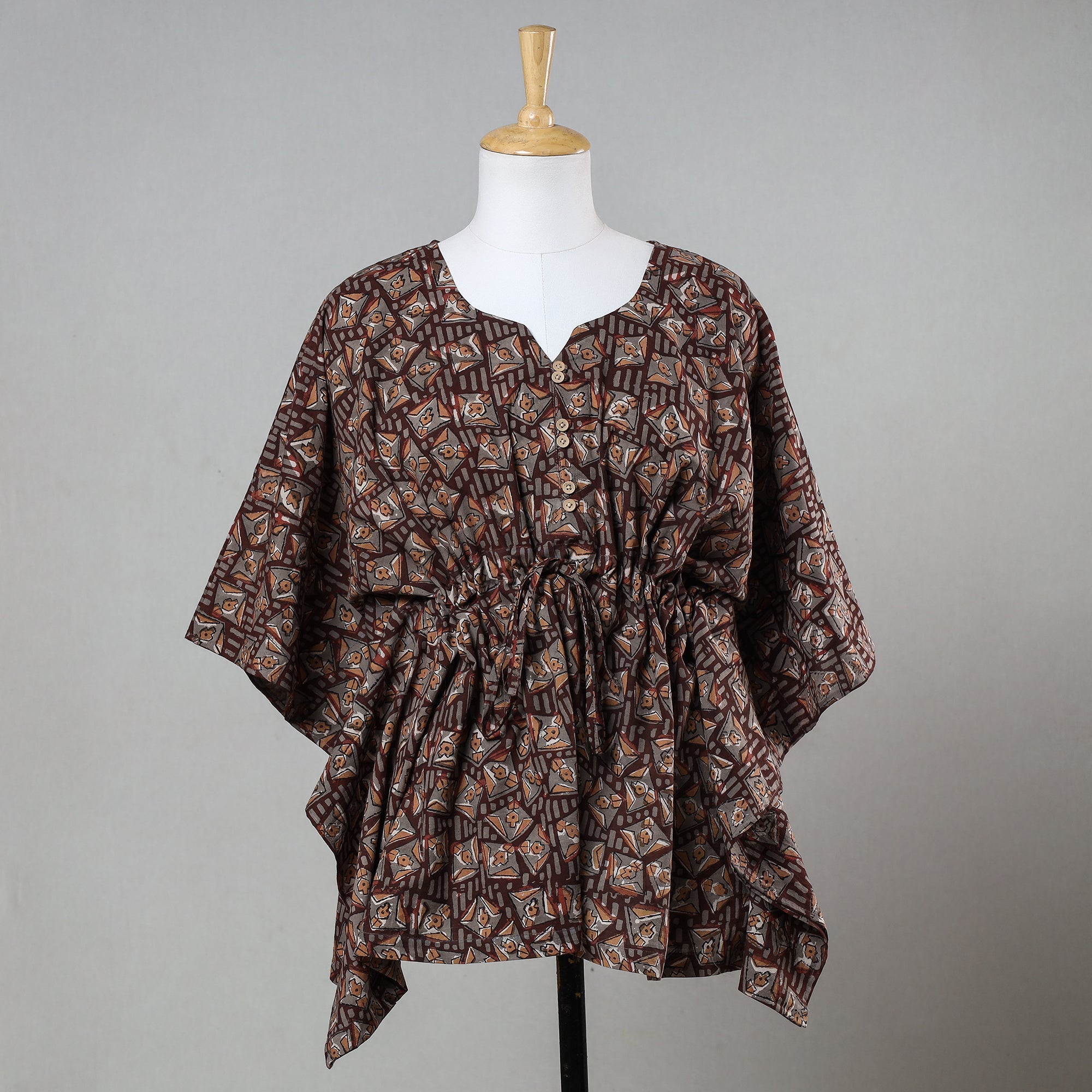 ITOKRI CASUALS Brown - Bagru Block Printed Cotton Kaftan with Tie-Up Waist (Short)