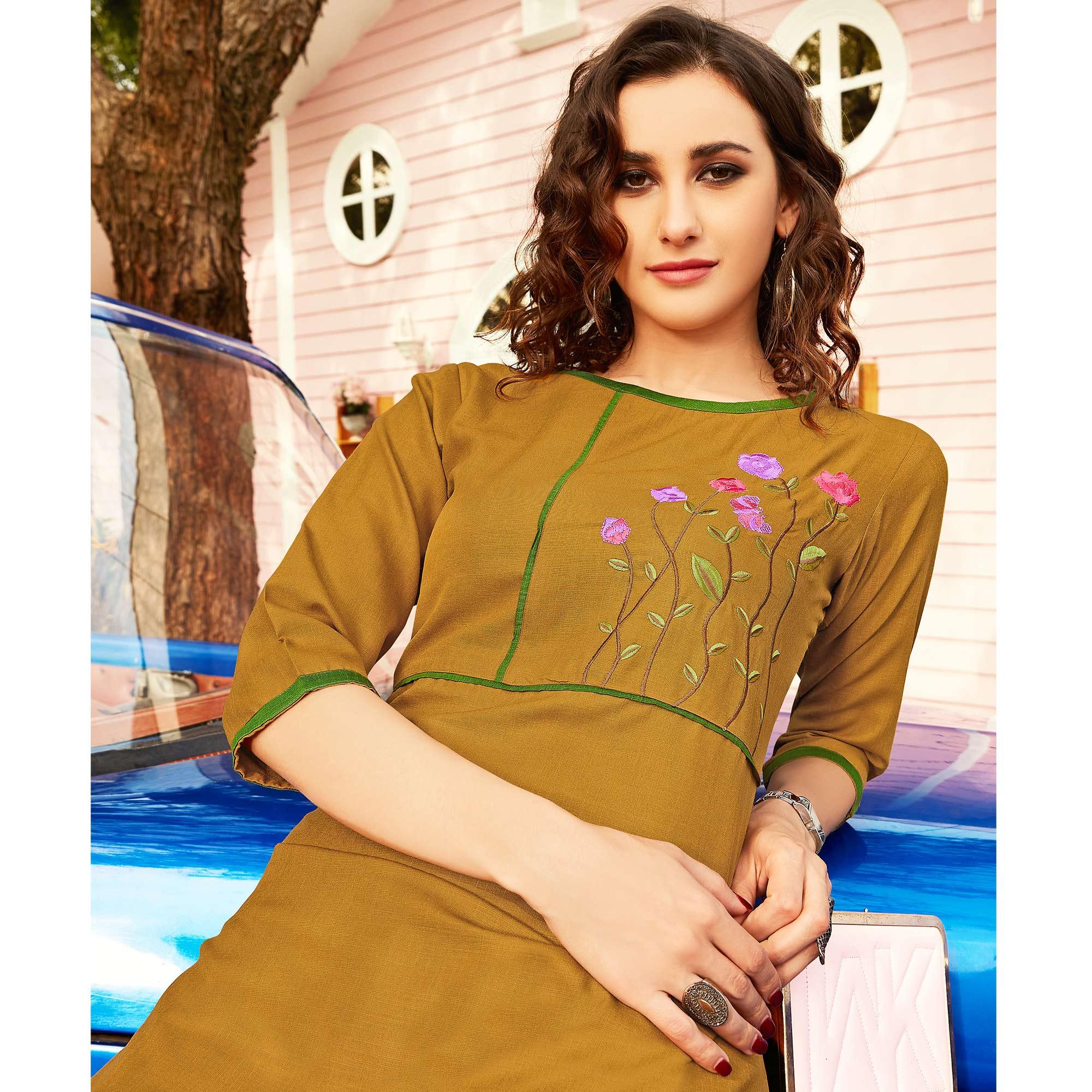 Peachmode Seller Desirable Mustard Yellow Colored Casual Wear Floral Embroidered Swiss Cotton Slub Kurti - view 2