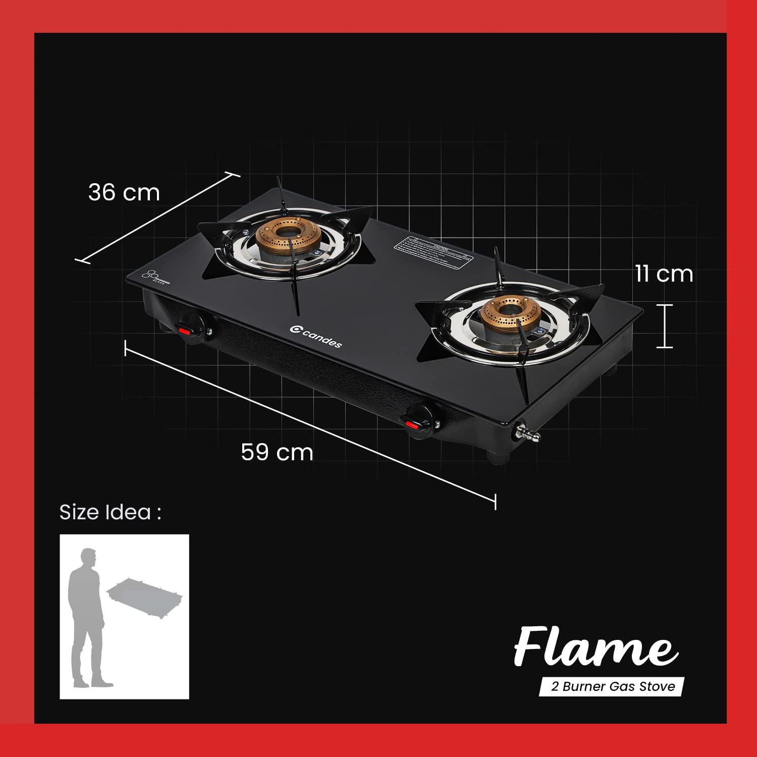 Candes Flame Glass Top Gas Stove | Manual Ignition, Black (ISI Certified | With 12 Months Warranty (2 Burner) - view 6
