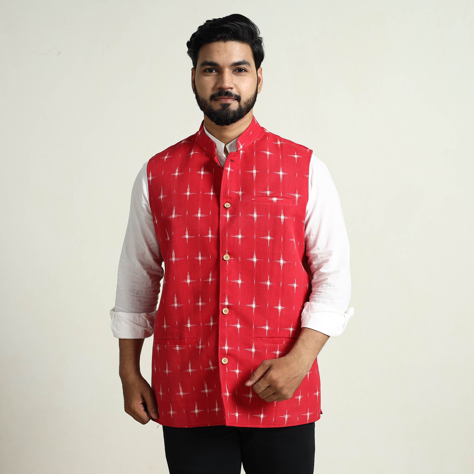 ITOKRI CASUALS Black - Pochampally Double Ikat Handloom Cotton Men Nehru Jacket 09