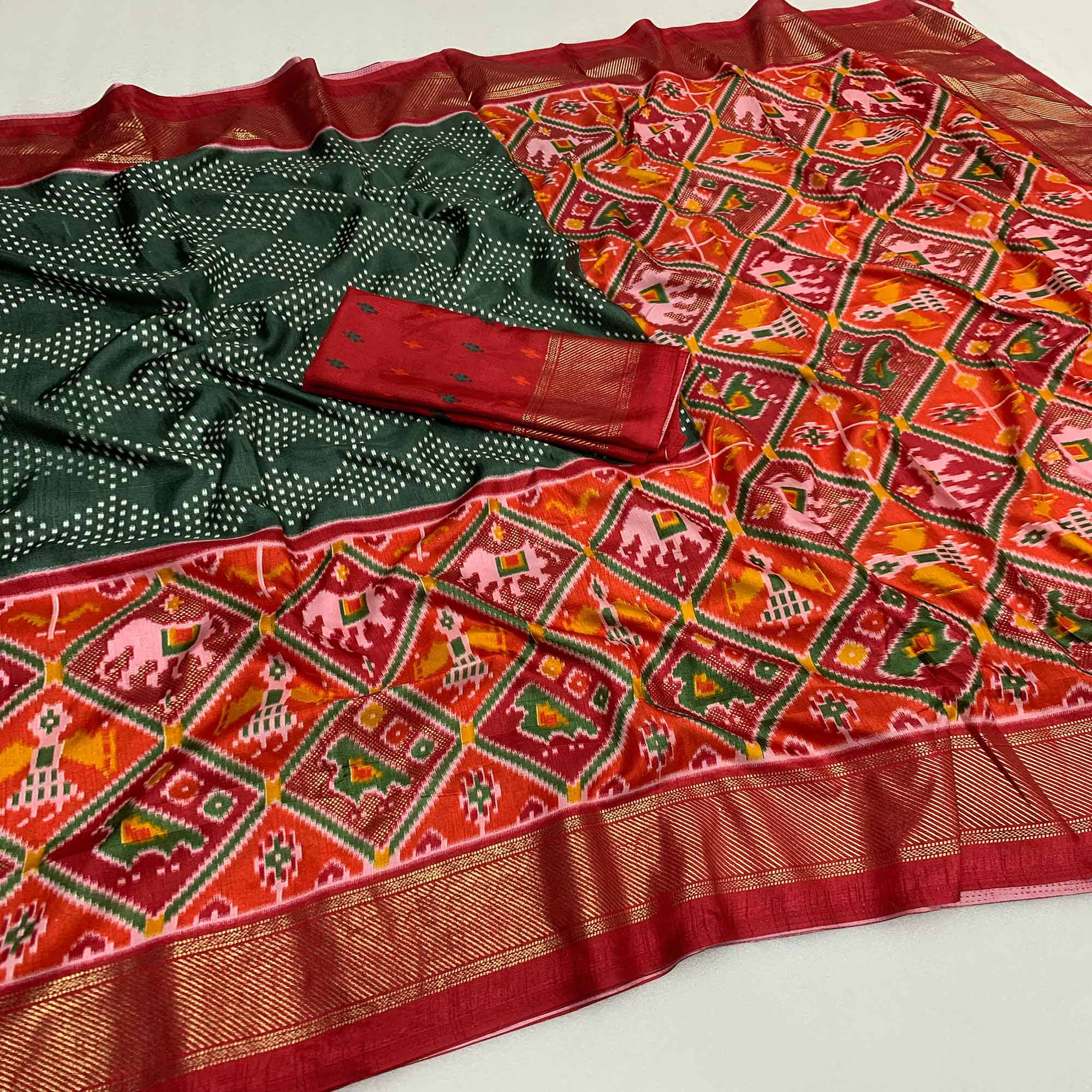 Peachmode Dark Green & Red Patola Printed Dola Silk Saree