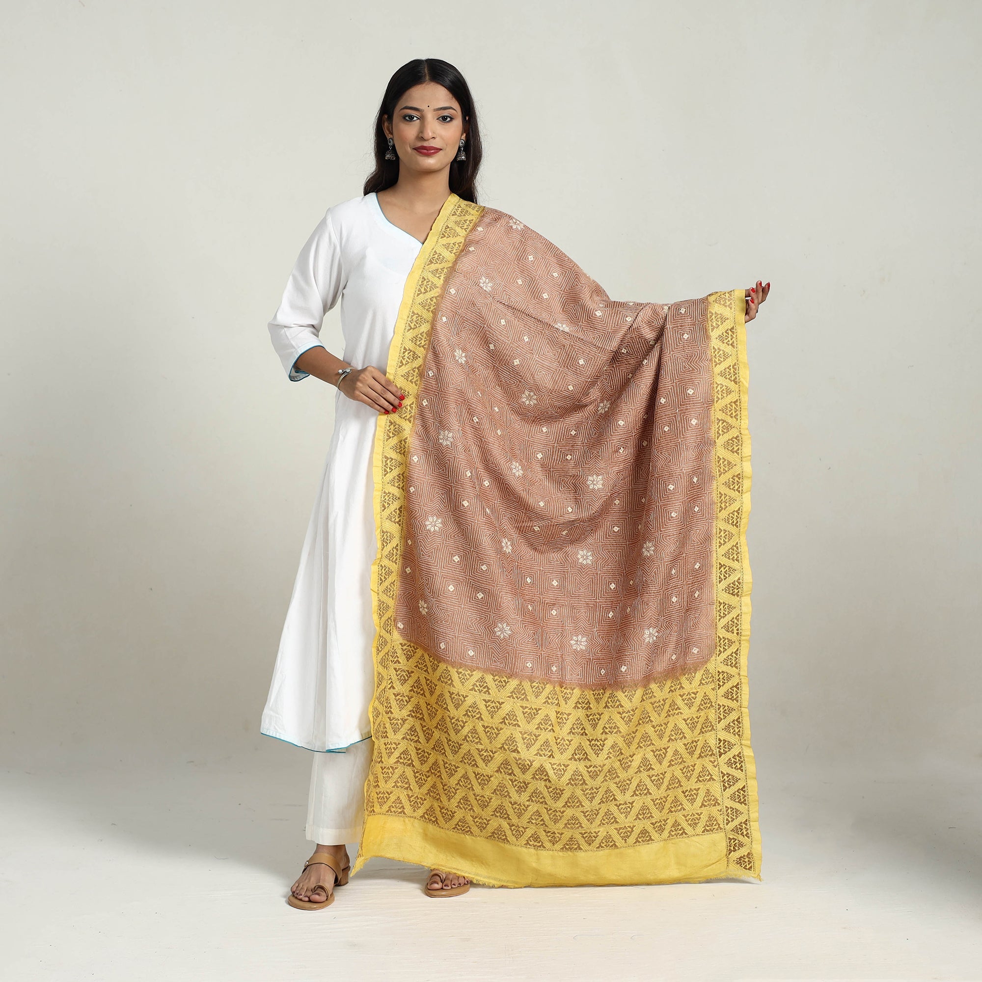KHUSHBASH - HAPPY LOOM OF EAST Brown - Handloom Tussar Silk Bengal Kantha Embroidery Dupatta 10 - view 2