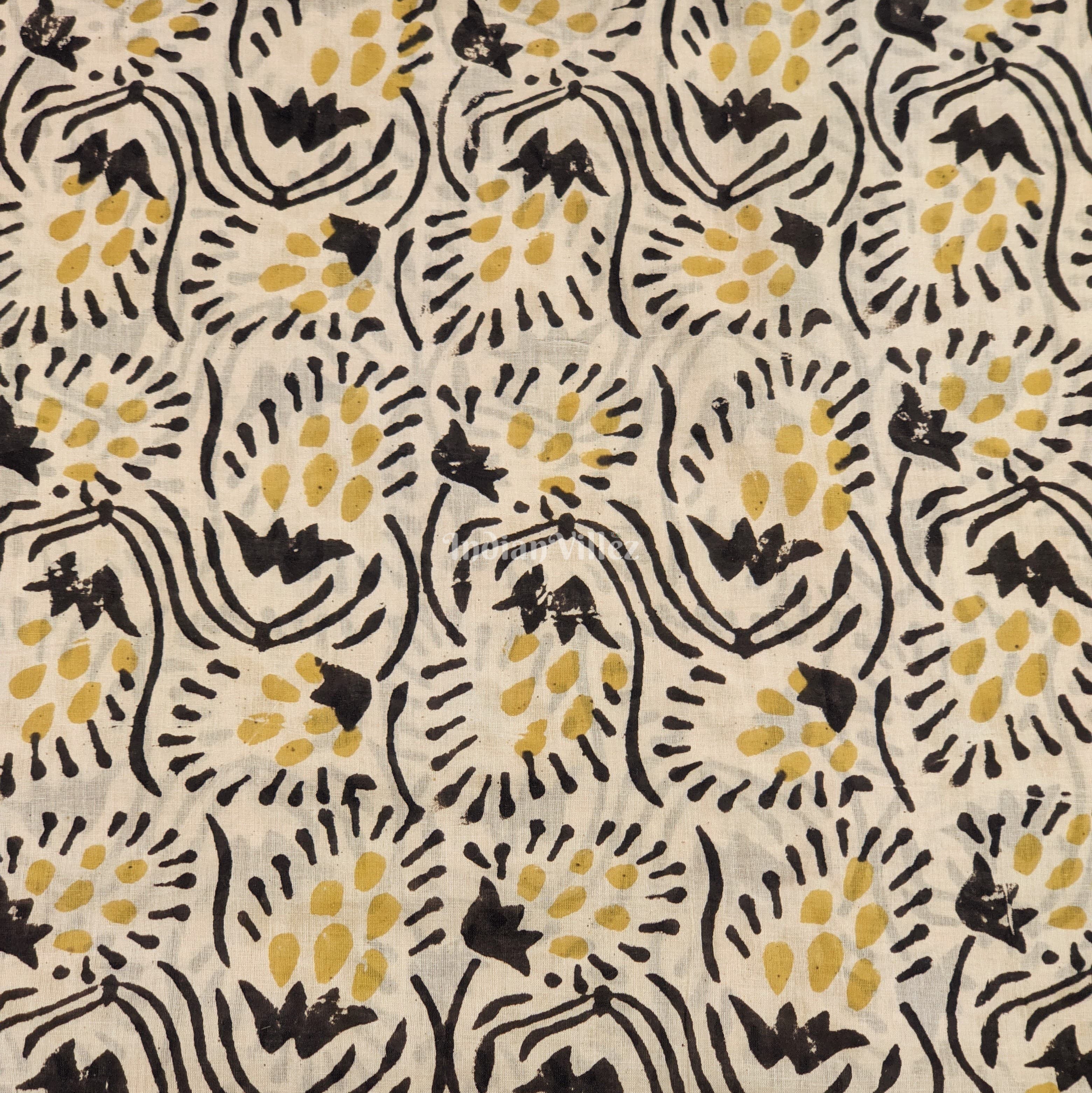 IndianVillèz Butter Yellow Floral Hand Block Printed Cotton Fabric - view 2