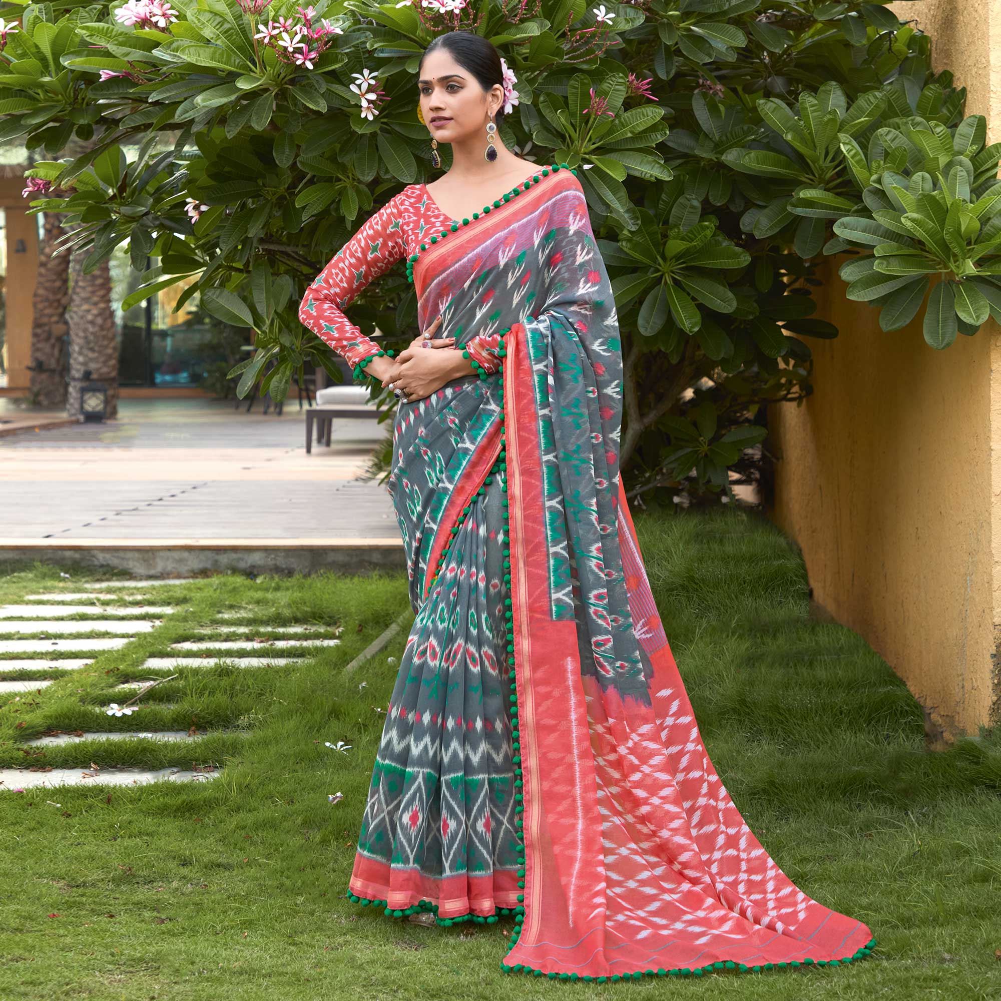 Peachmode Grey Printed Pure Cotton Saree With Pum Pum Border - view 2
