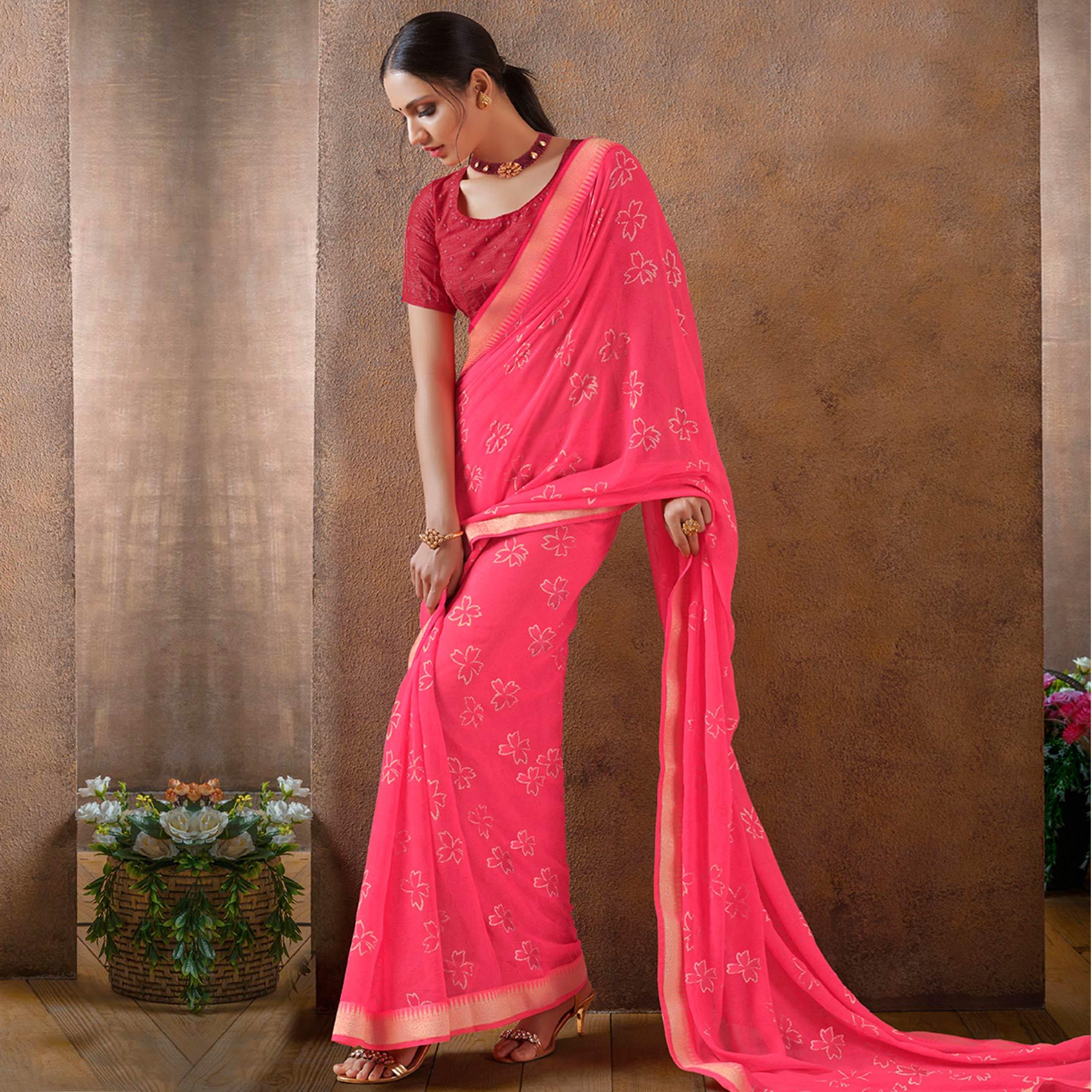 Peachmode Jazzy Pink Colored Festive Wear Foil Printed Georgette Saree