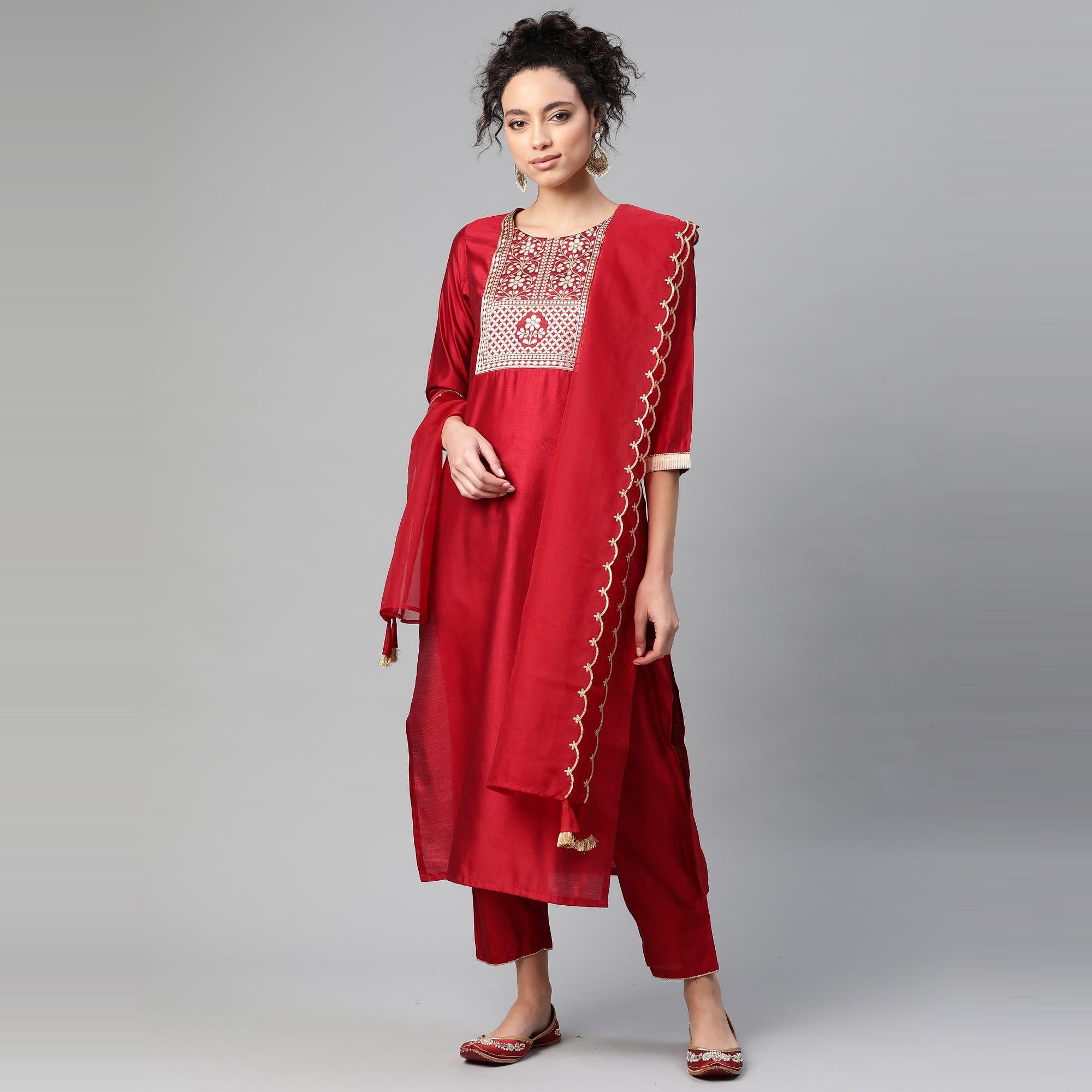 Peachmode Indo Era - Red Solid Straight Kurta Trouser Set with Dupatta