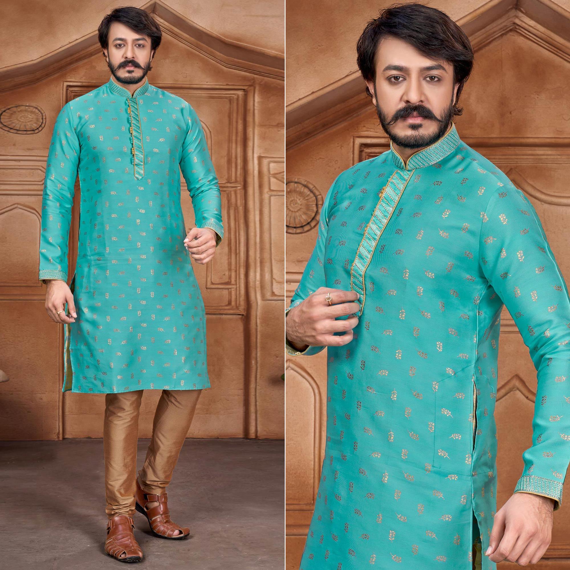 Peachmode Seller Blue Woven Jacquard Kurta Pyjama Set