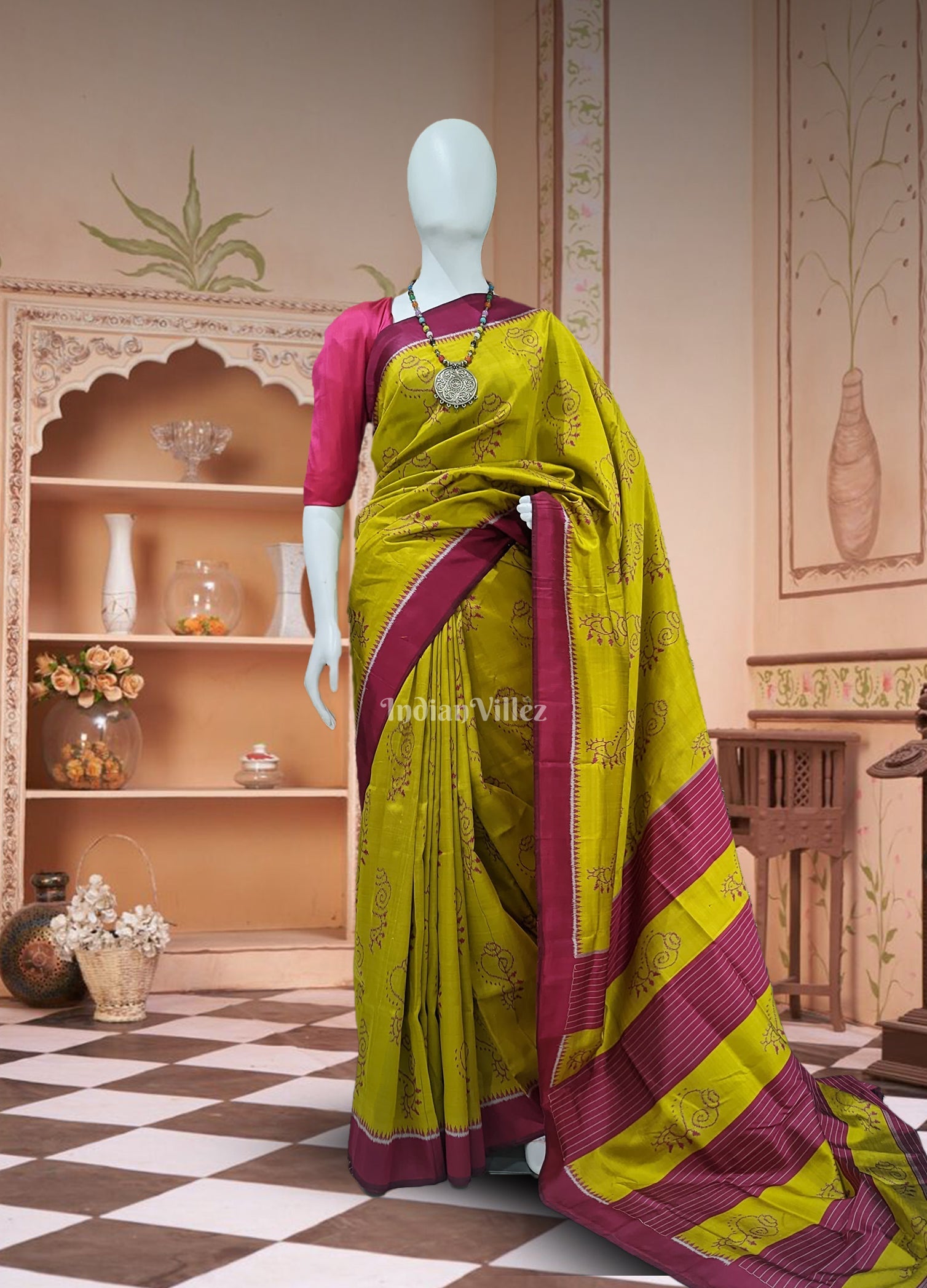 IndianVillèz Olive Green Odisha Ikat Shankha Designer Contemporary Silk Saree