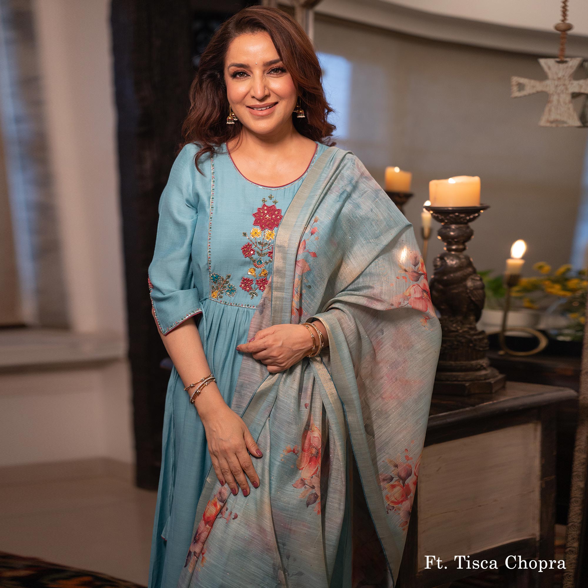 Peachmode Sky Blue Neck Embroidered Viscose A-Line Salwar Suit