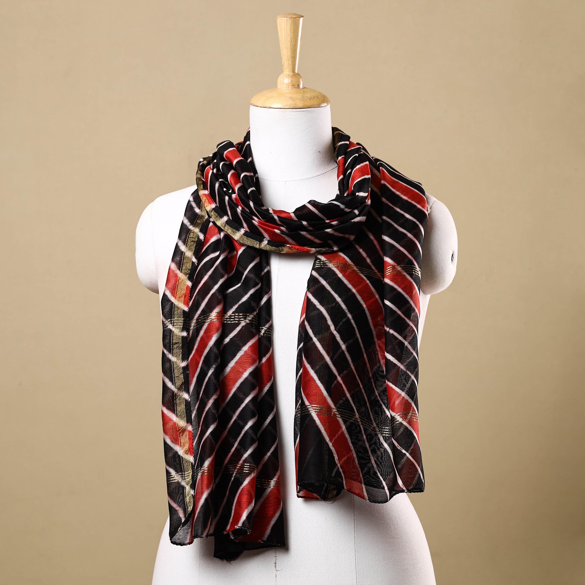 LEHARIYA BY BADSHAH MIYAN Black - Leheriya Tie-Dye Chanderi Silk Handloom Stole with Zari Border 50