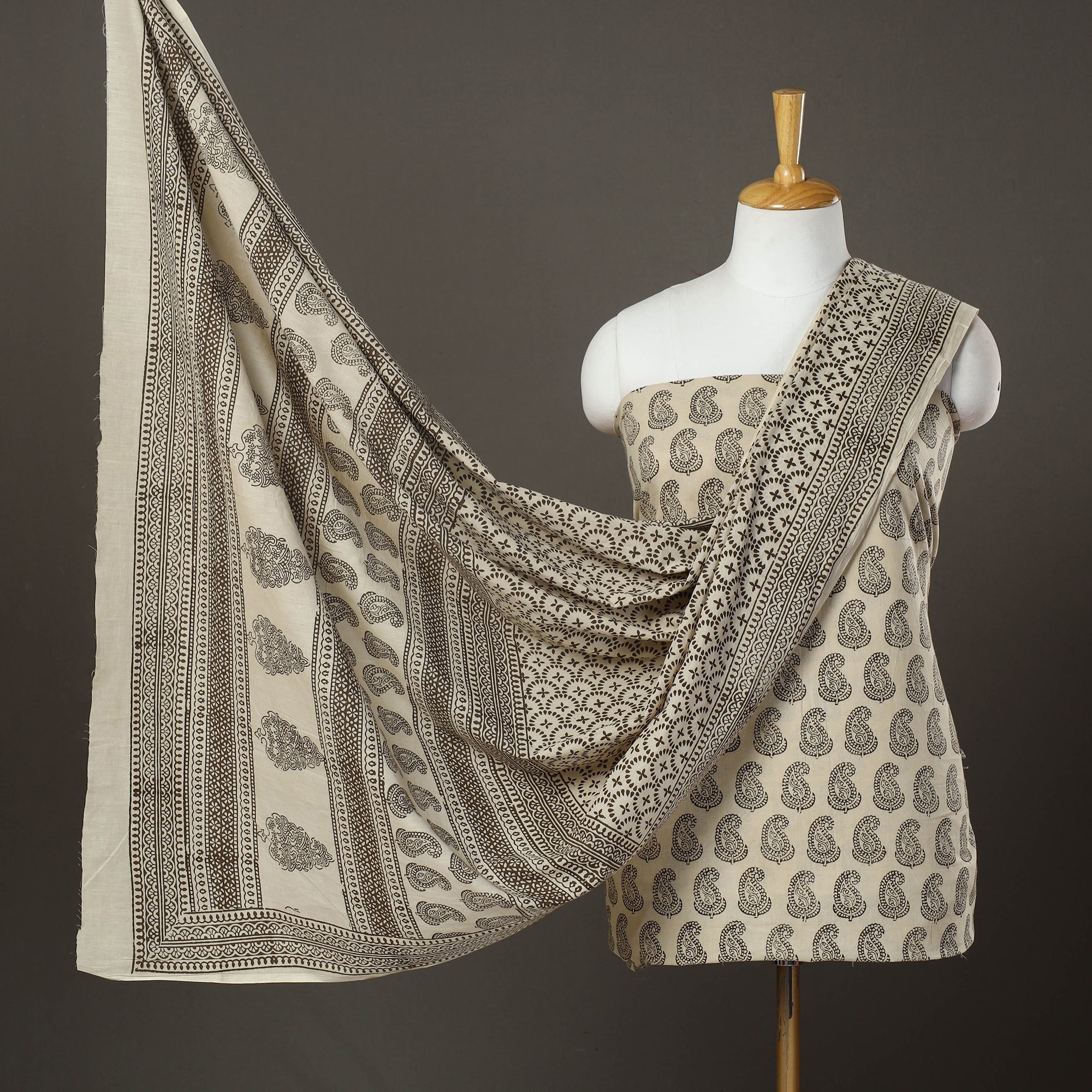 BAGH PRINTS BY MOHAMMED BILAL KHATRI Beige - 3pc Cotton Bagh Print Suit Material Set 13