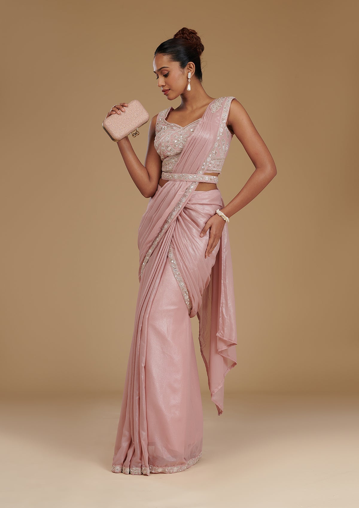Koskii Peach Sequins Chiffon Readymade Saree – Women's