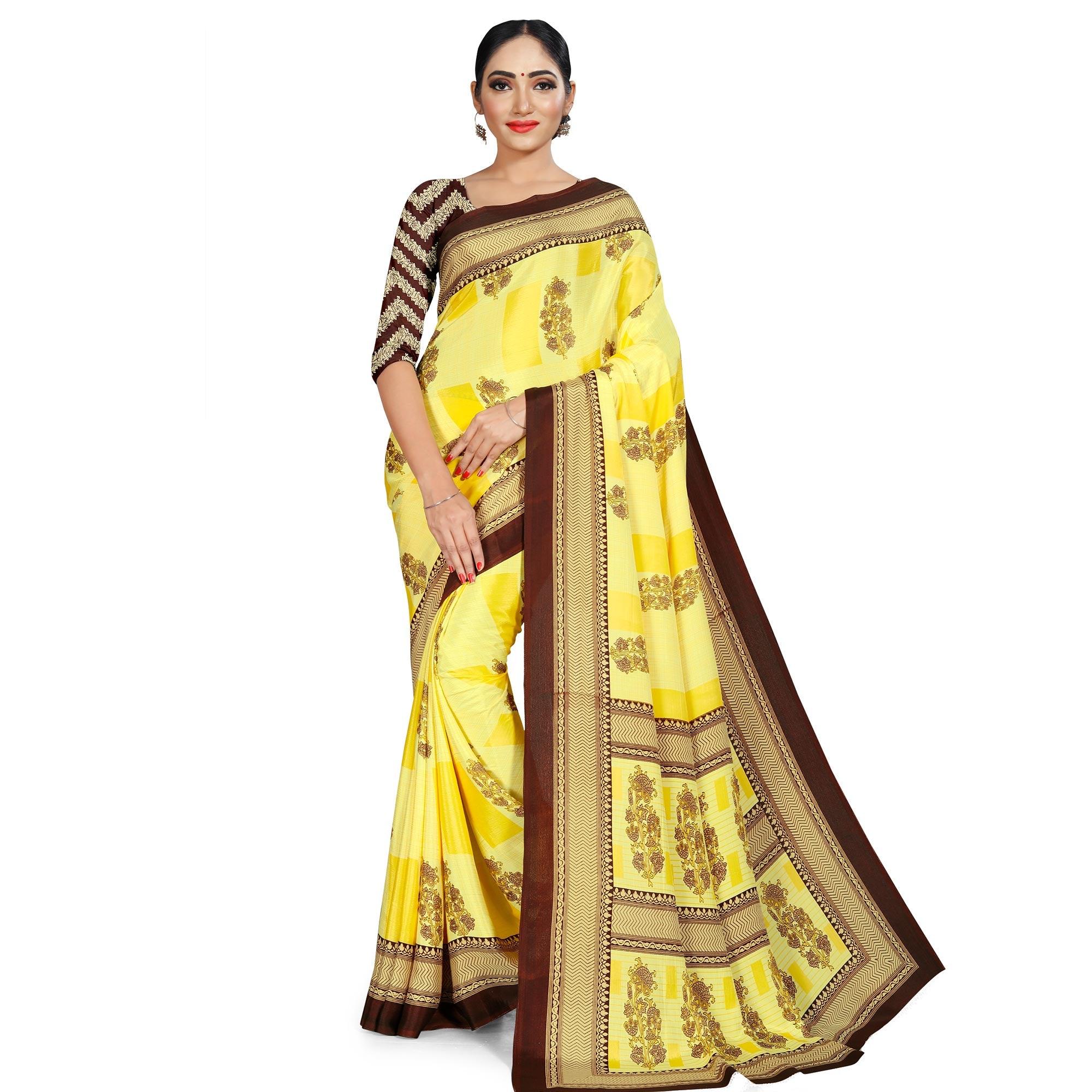 Peachmode Elegant Light Yellow Colored Casual Wear Printed Crepe Saree