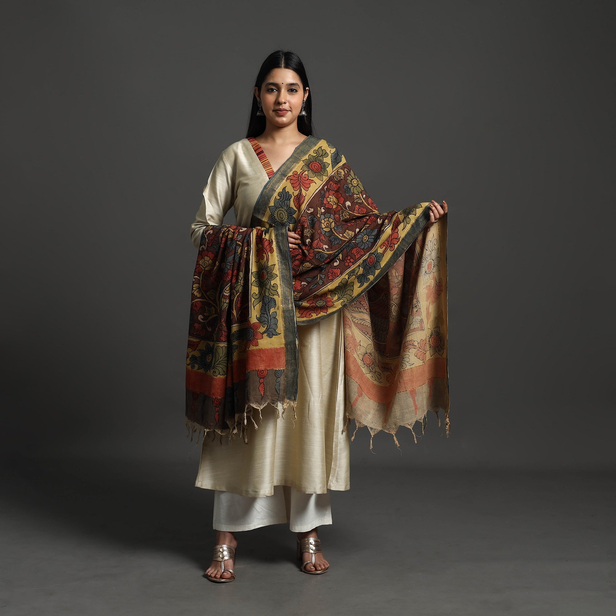 SOUTH KARGHA Brown - Mangalagiri Cotton Handpainted Pen Work Kalamkari Dupatta 27