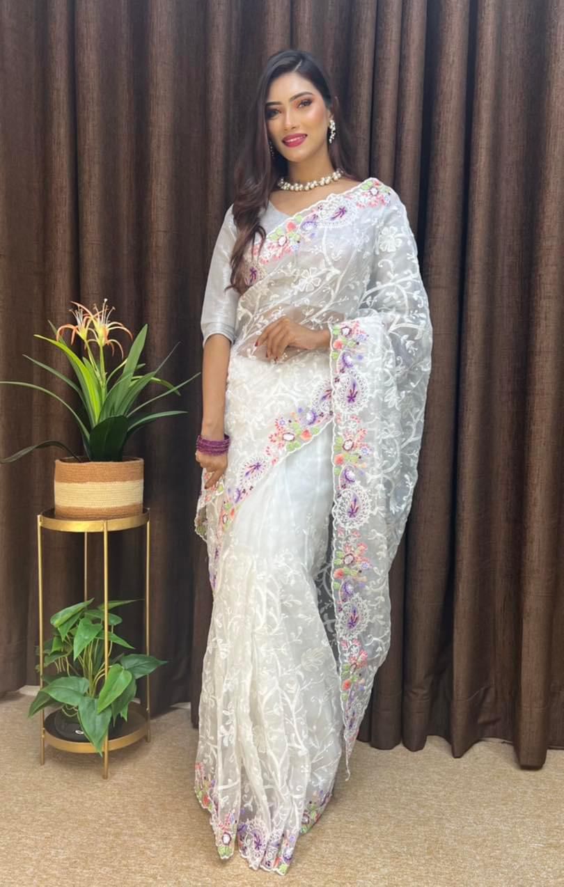 ClothsVilla White Organza Saree with Vibrant 6-Color Thread Embroidery – Paired with Elegant White Silk Blouse