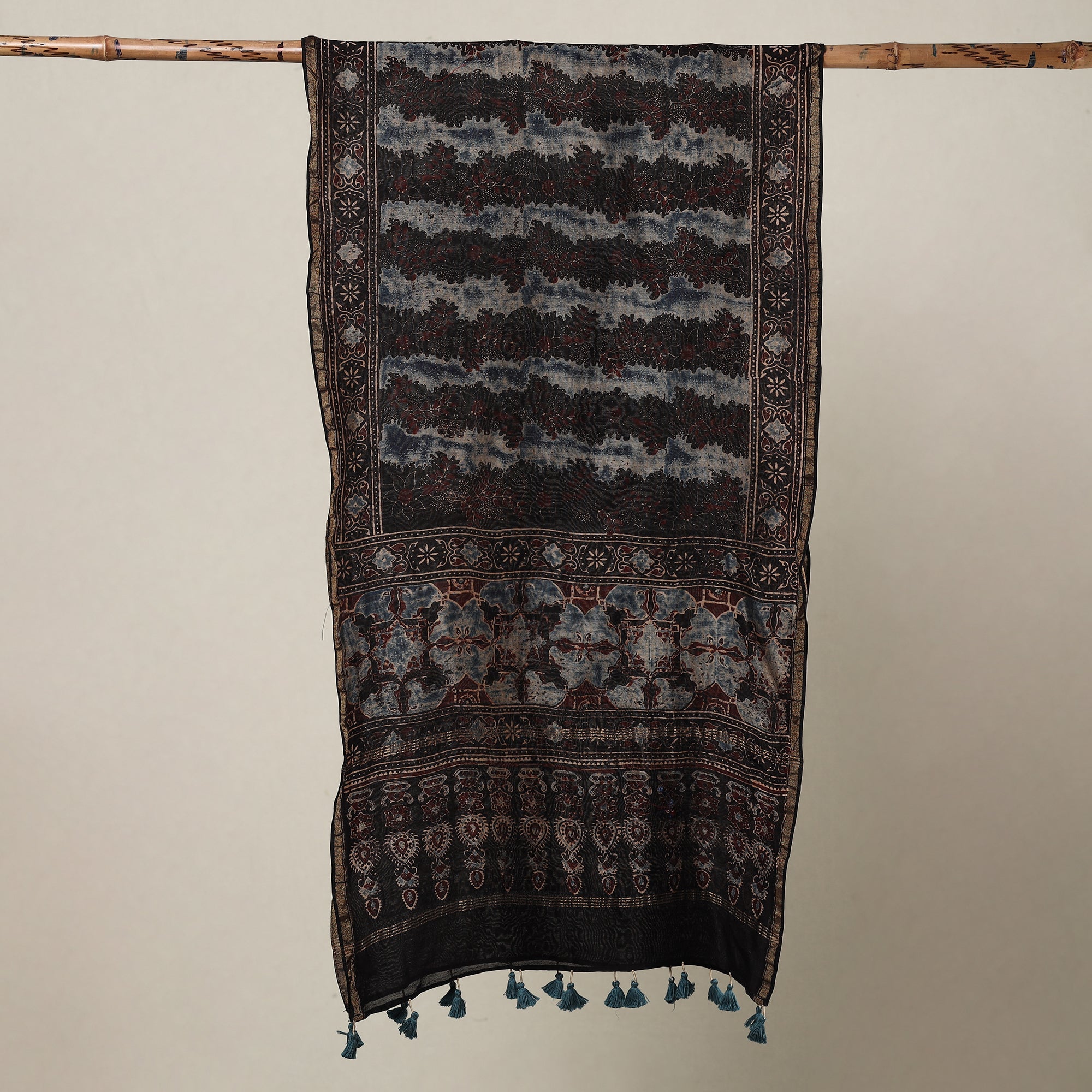 AJRAKH BY SUFIYAN ISMAIL KHATRI Black - Ajrakh Hand Block Printed Chanderi Silk Handloom Stole with Tassels - view 2