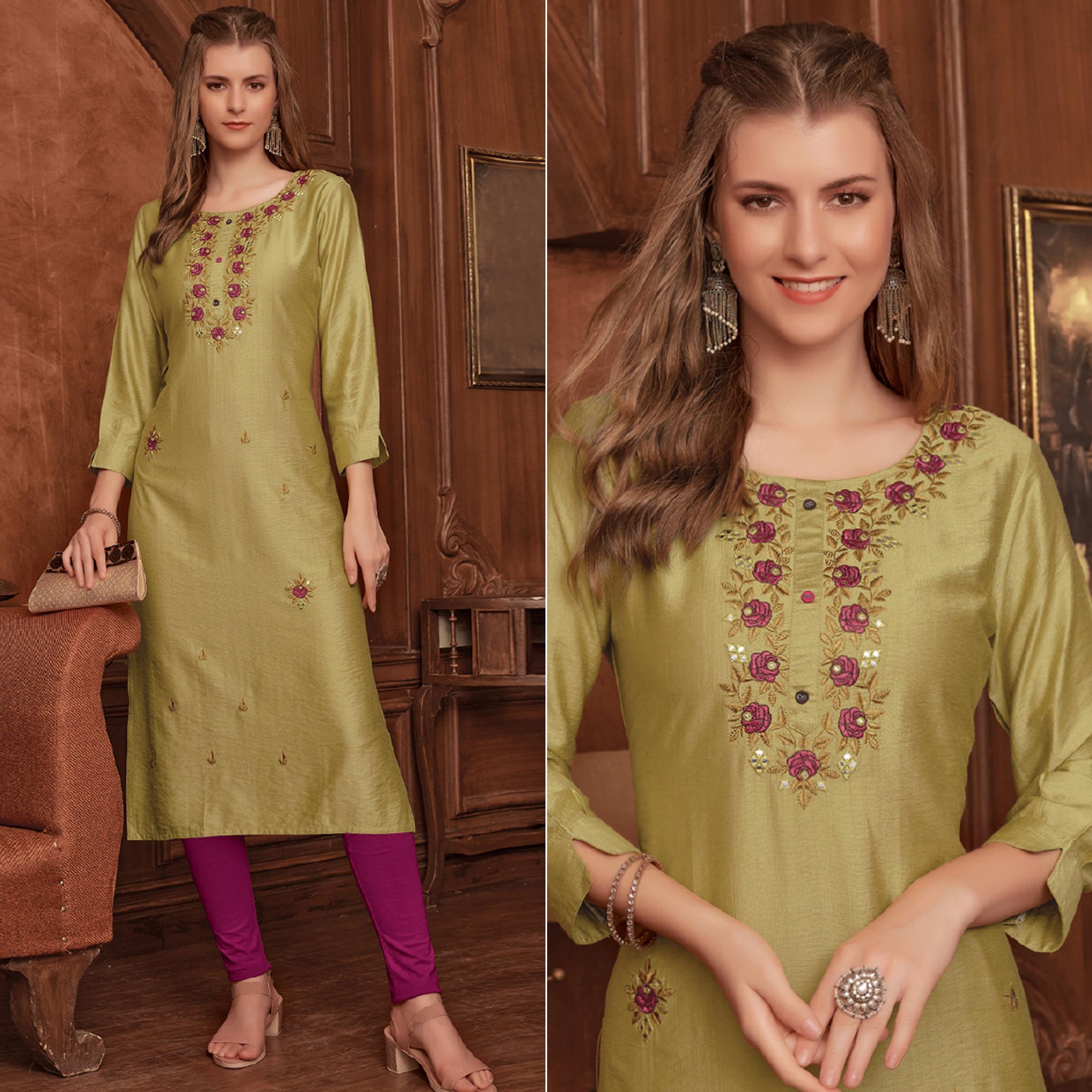 Peachmode Mehendi Green Floral Embroidered Rayon Kurti