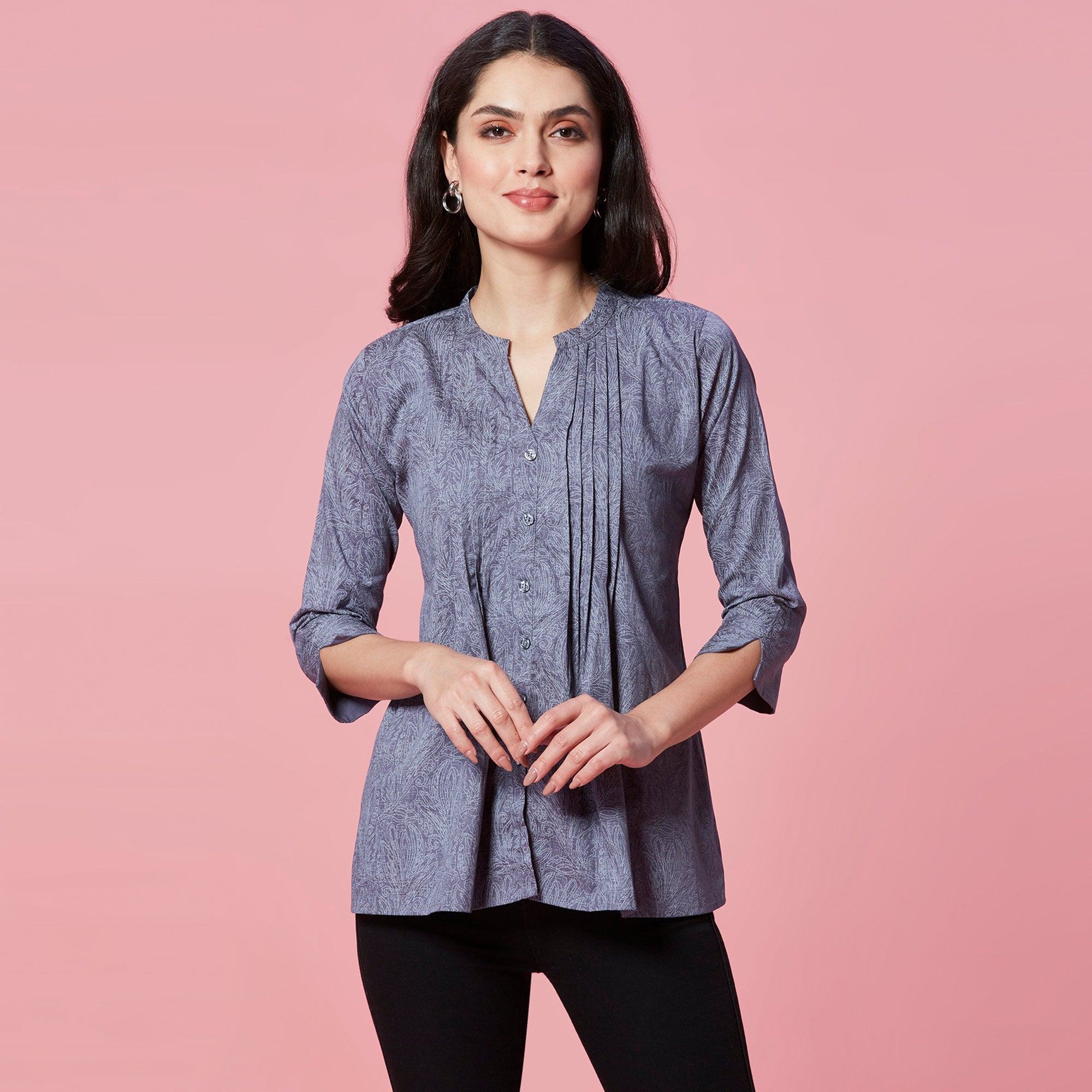 Peachmode Grey Printed Pure Cotton A-Line Top
