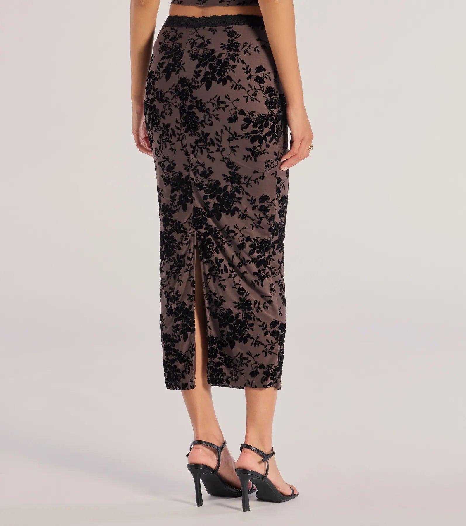 Windsor Luxe Touch Flocked Velvet Midi Skirt – BROWN - view 2