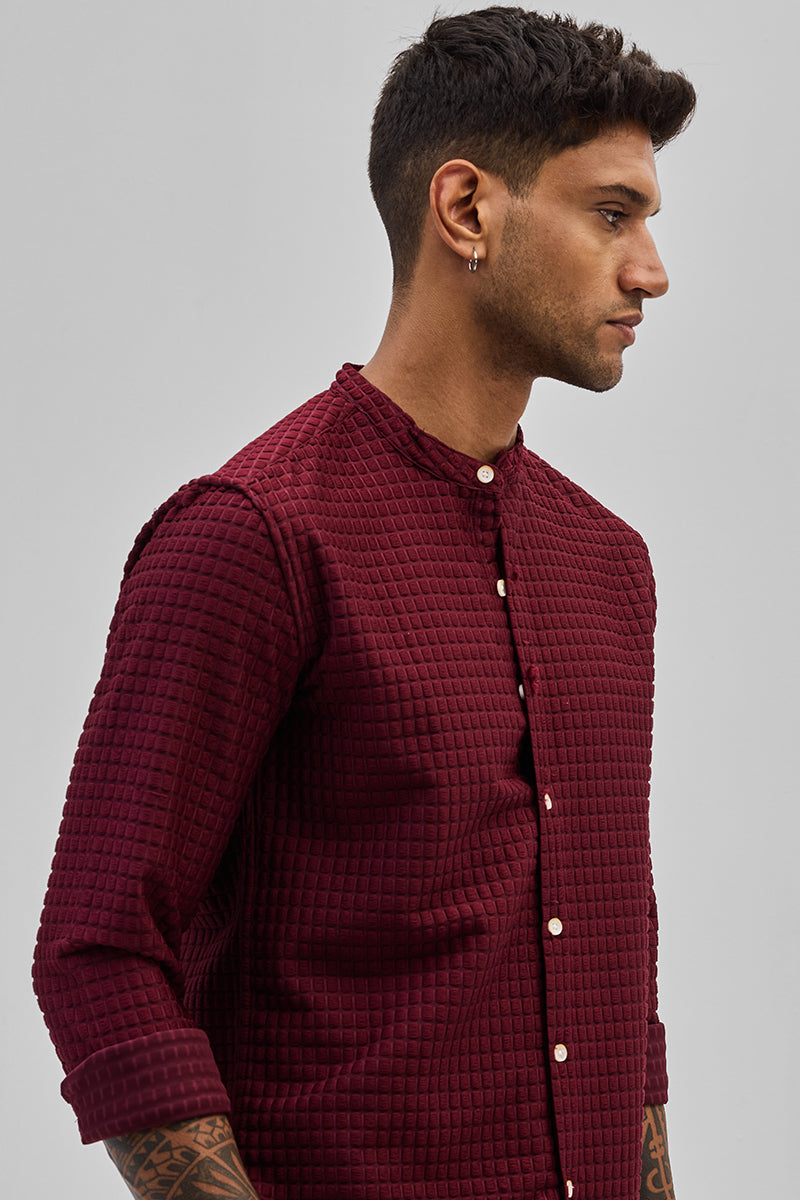 SNITCH Maroon Textured Mandarin Shirt - view 5